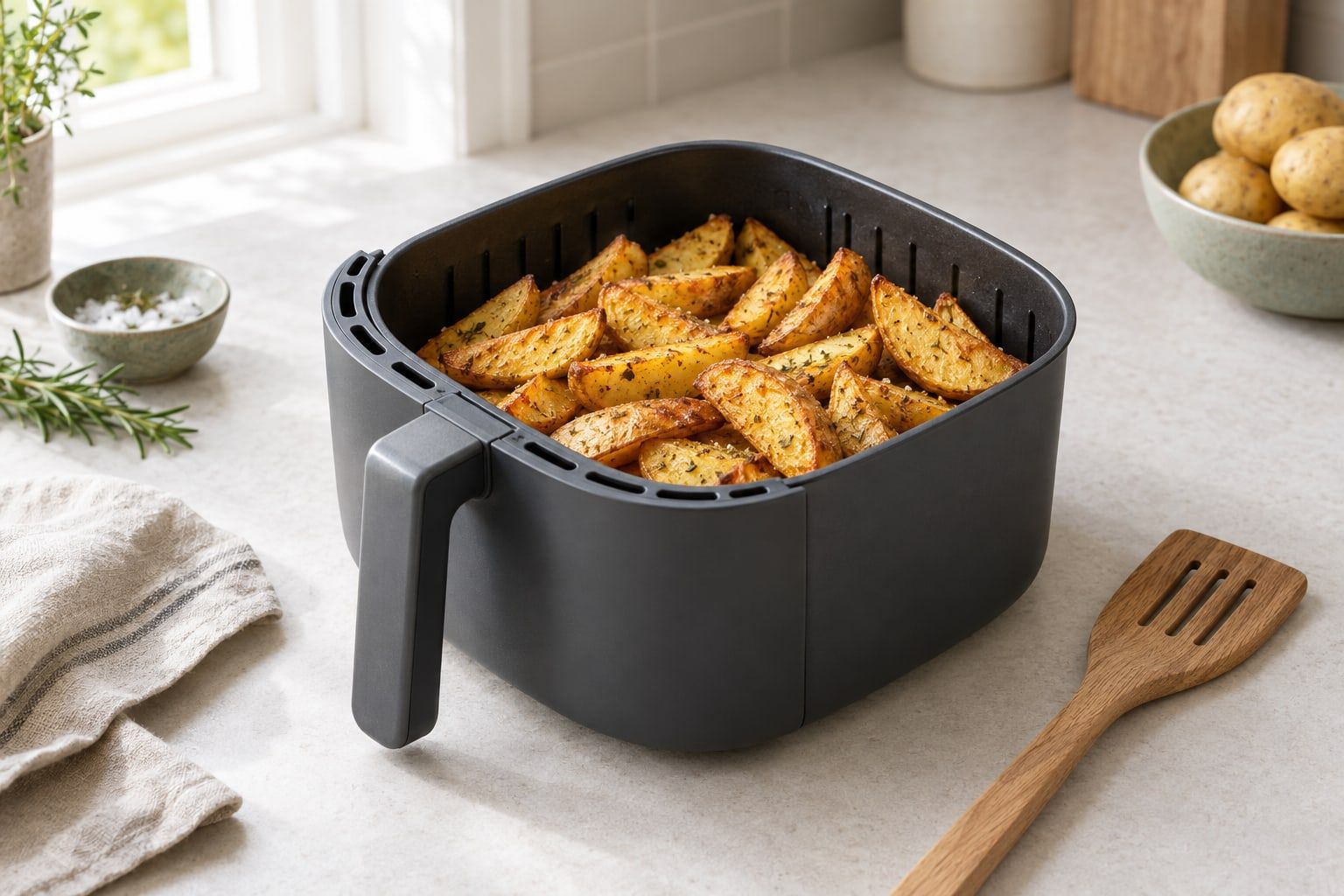 Airfryer för nybörjare, en öppen korg med gyllene klyftpotatis på en köksbänk