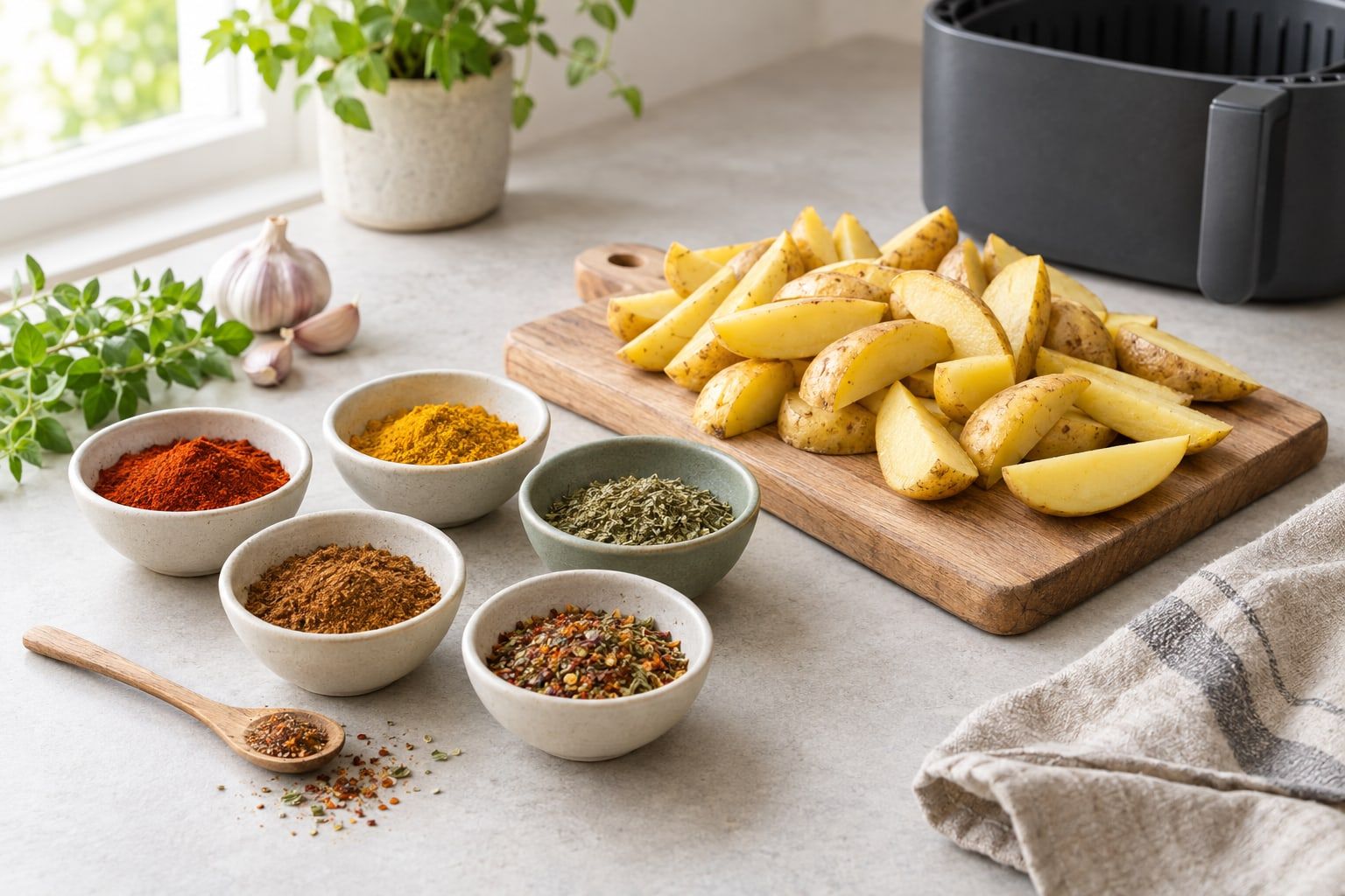 Airfryer kryddmix i små skålar med paprikapulver, vitlökspulver och örter bredvid råa potatisklyftor