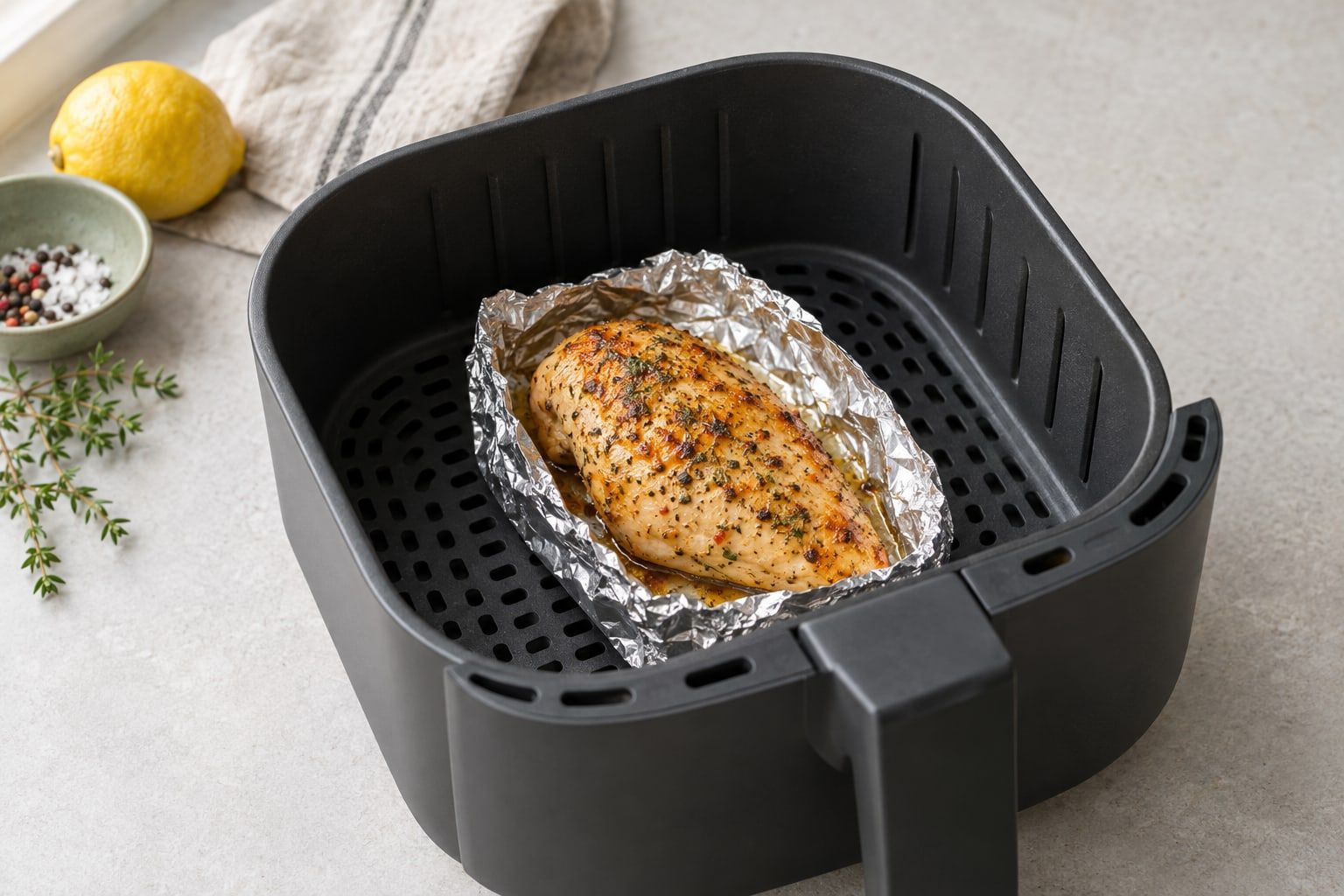 Aluminiumfolie i airfryer, en kycklingbit i en skål av folie i en korg