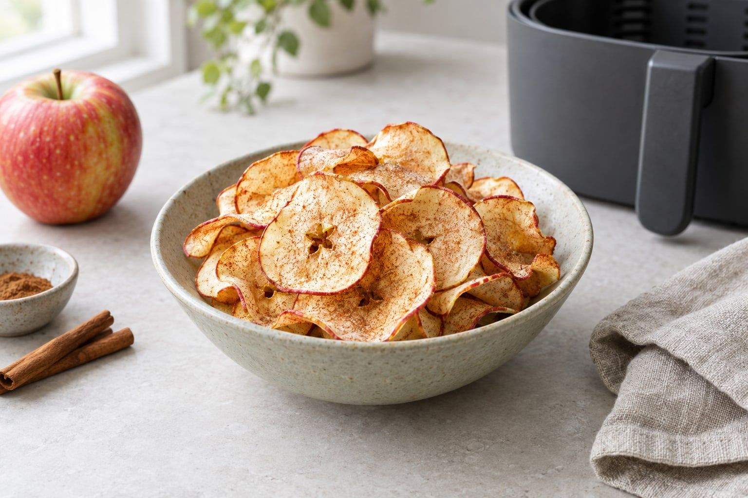 Äppelchips i airfryer, tunna gyllene skivor med röd skalkant och kanel i en keramikskål
