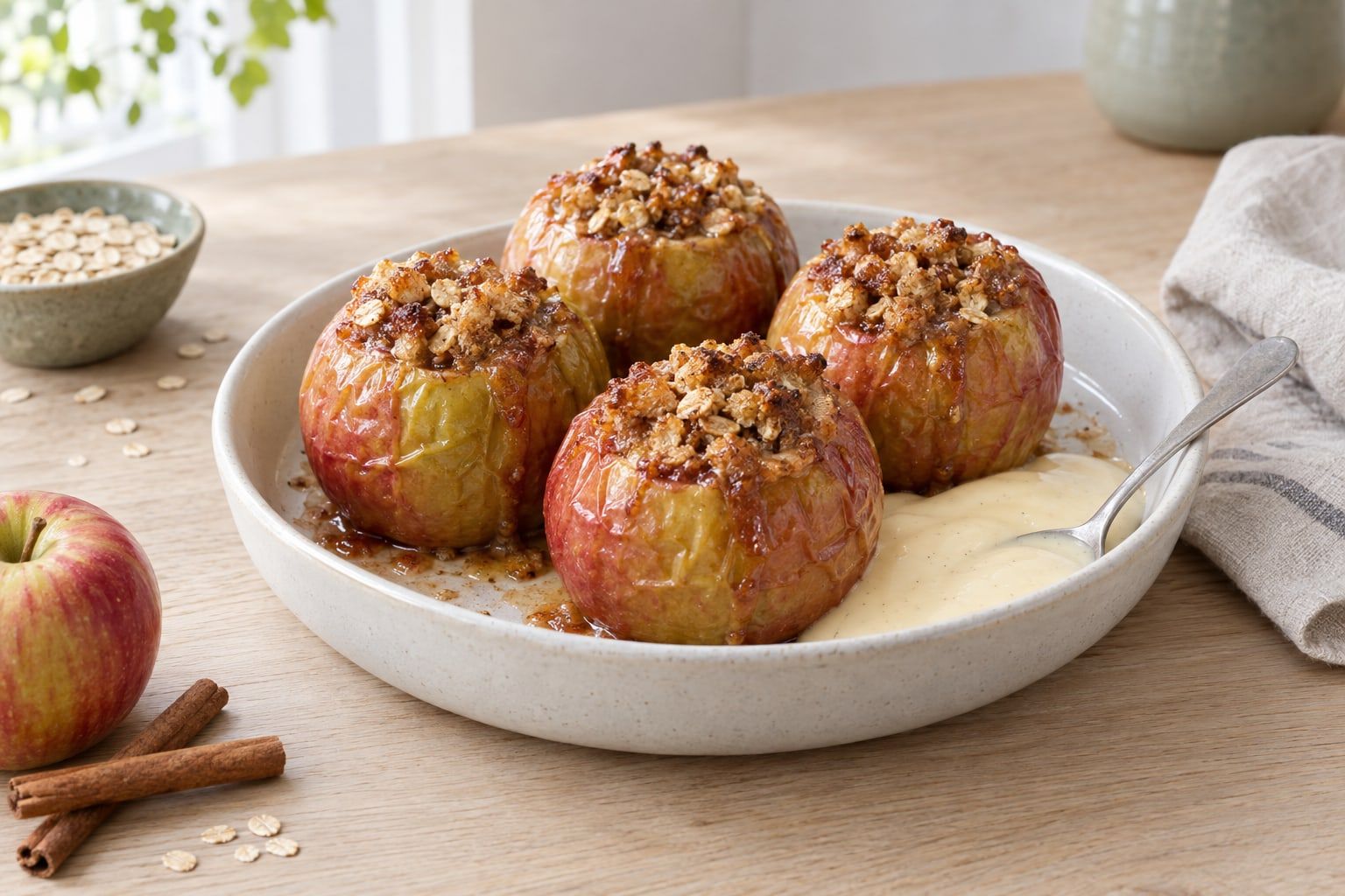 Äpplen i airfryer, fyra hela bakade äpplen med havrefyllning och kanel i ett vitt fat med vaniljsås