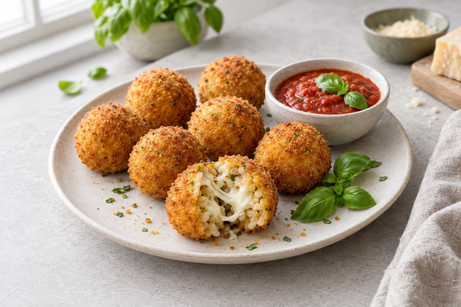 Arancini i airfryer, gyllene risbollar där en är delad så att smält ost syns, med tomatsås och basilika