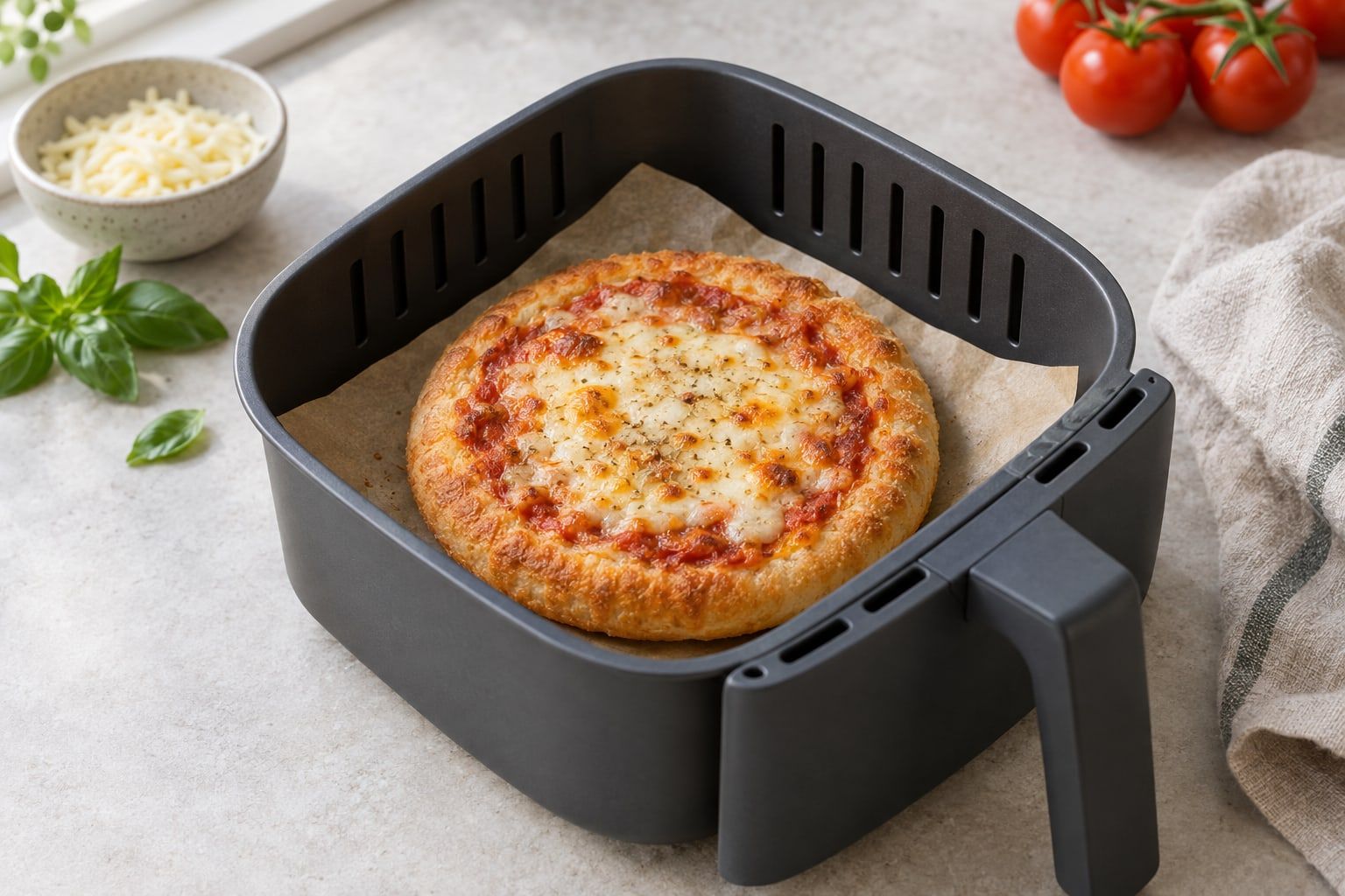 Billys pan pizza i airfryer, tjock pan pizza med gyllene kant och smält ost på bakplåtspapper i korgen