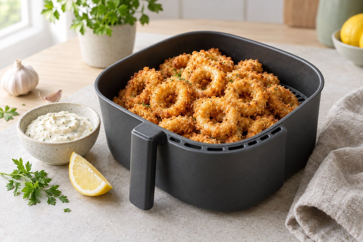 Bläckfiskringar i airfryer, gyllene och krispiga i korgen med aioli och citronklyfta