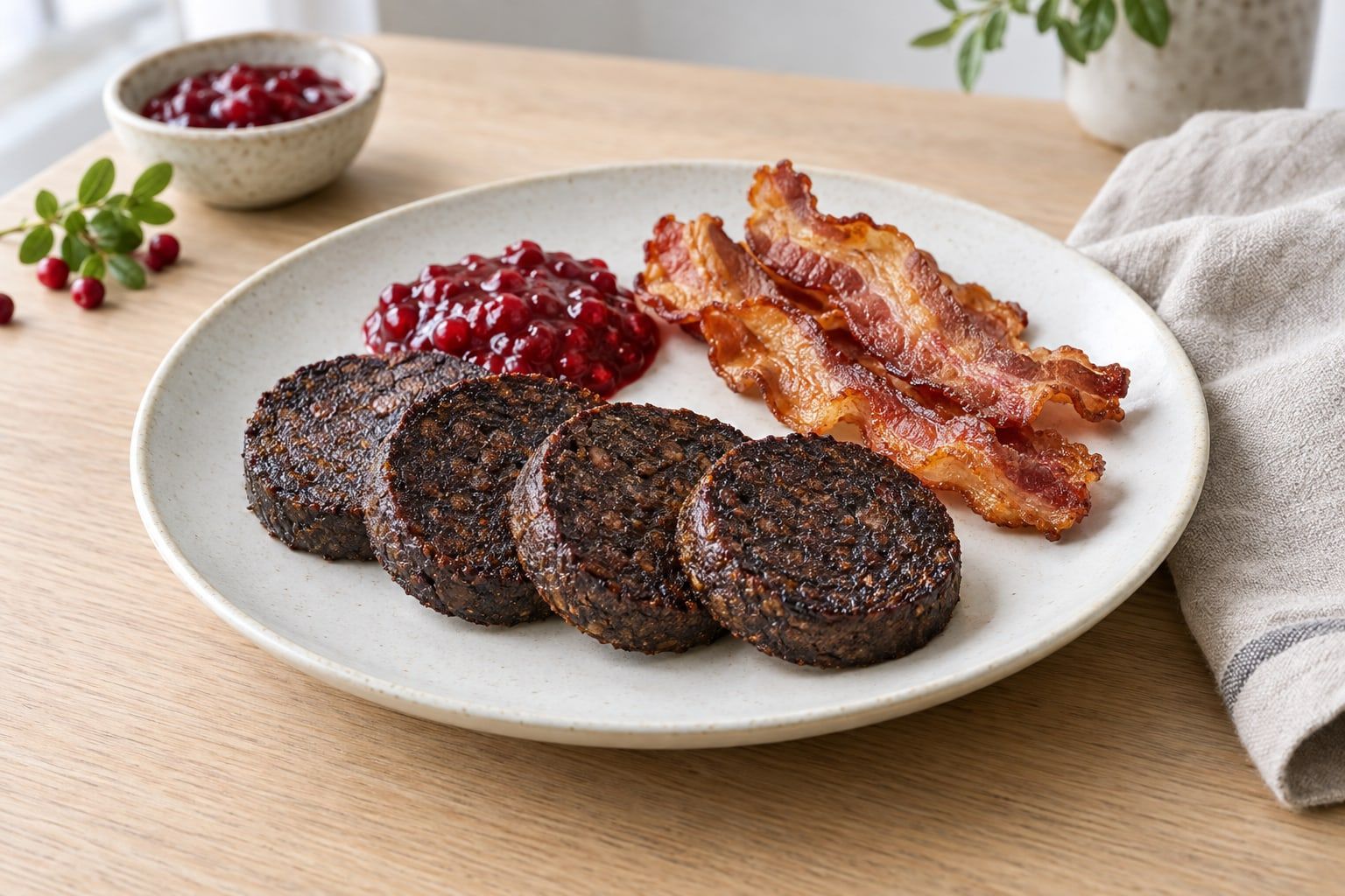 Blodpudding i airfryer, stekta mörka skivor med knaprig kant, lingon och bacon på en tallrik