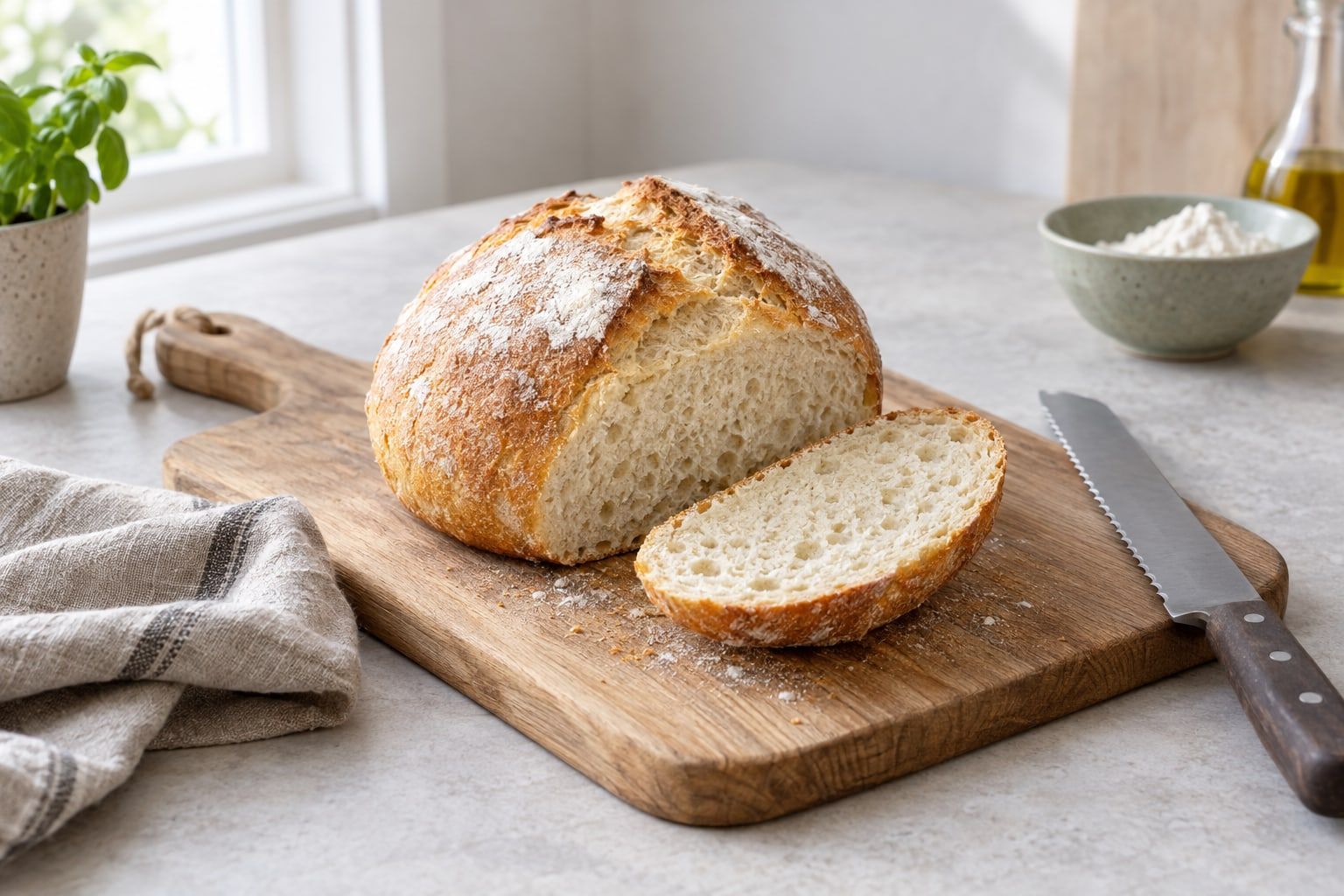 Bröd med torrjäst i airfryer, litet rundbakat bröd med gyllene skorpa och luftig smula på skärbräda