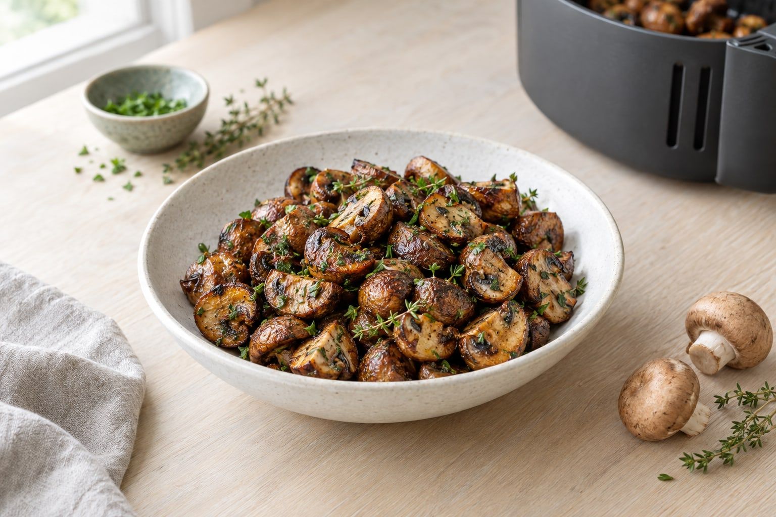 Champinjoner i airfryer, halverade gyllene champinjoner med timjan och persilja i en vit skål