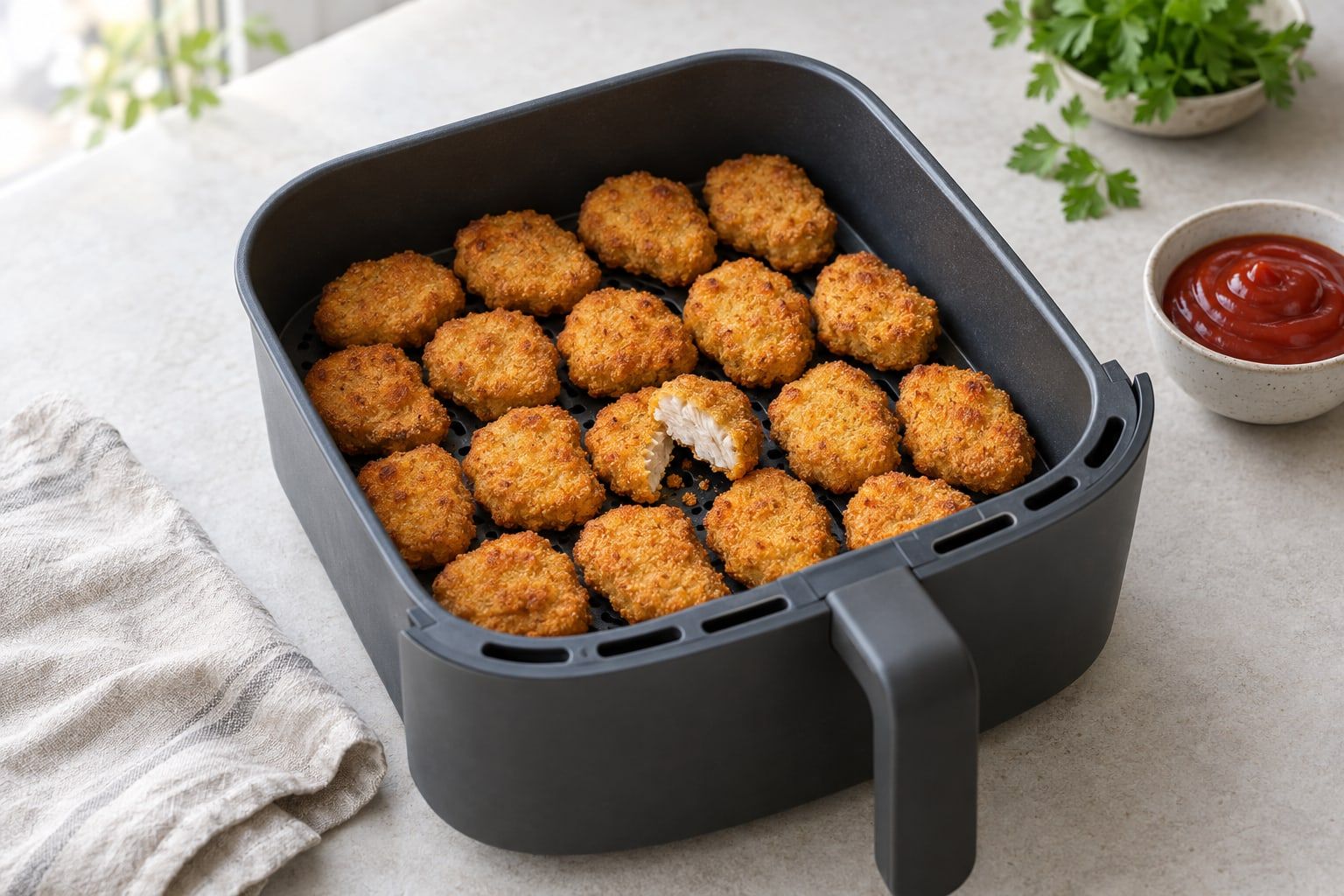 Chicken nuggets i airfryer, gyllene och krispiga i en korg, en nugget delad så att kycklingen syns