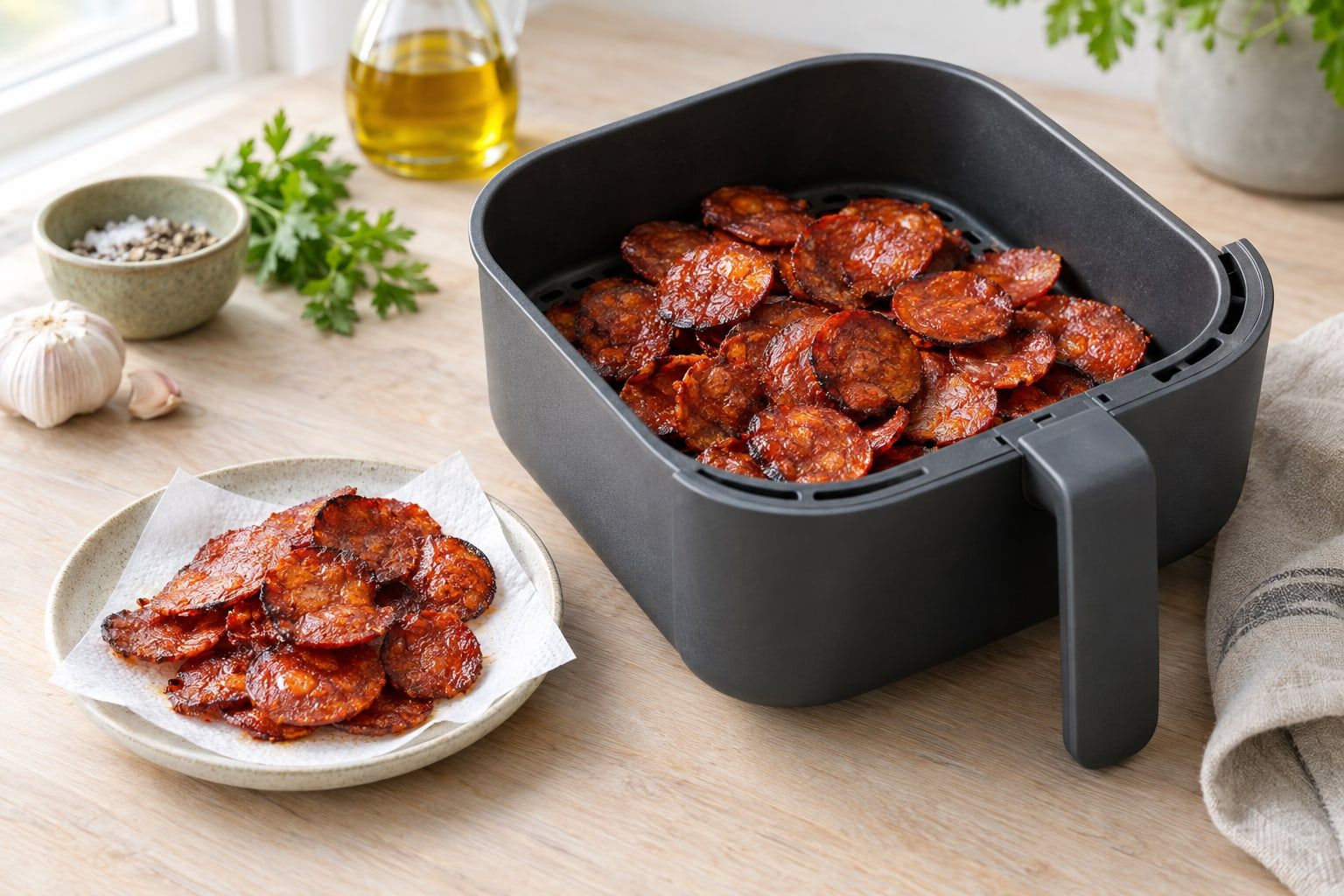 Chorizo i airfryer, krispiga rödorange skivor i korgen och några på ett fat