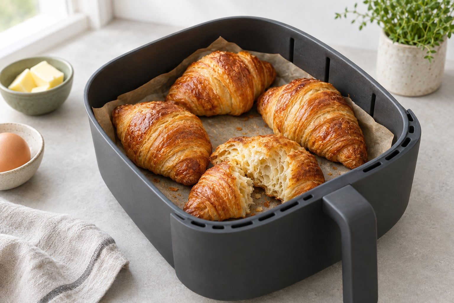 Croissanter i airfryer, fyra gyllene croissanter med blank yta och flagiga lager i en mörkgrå airfryerkorg