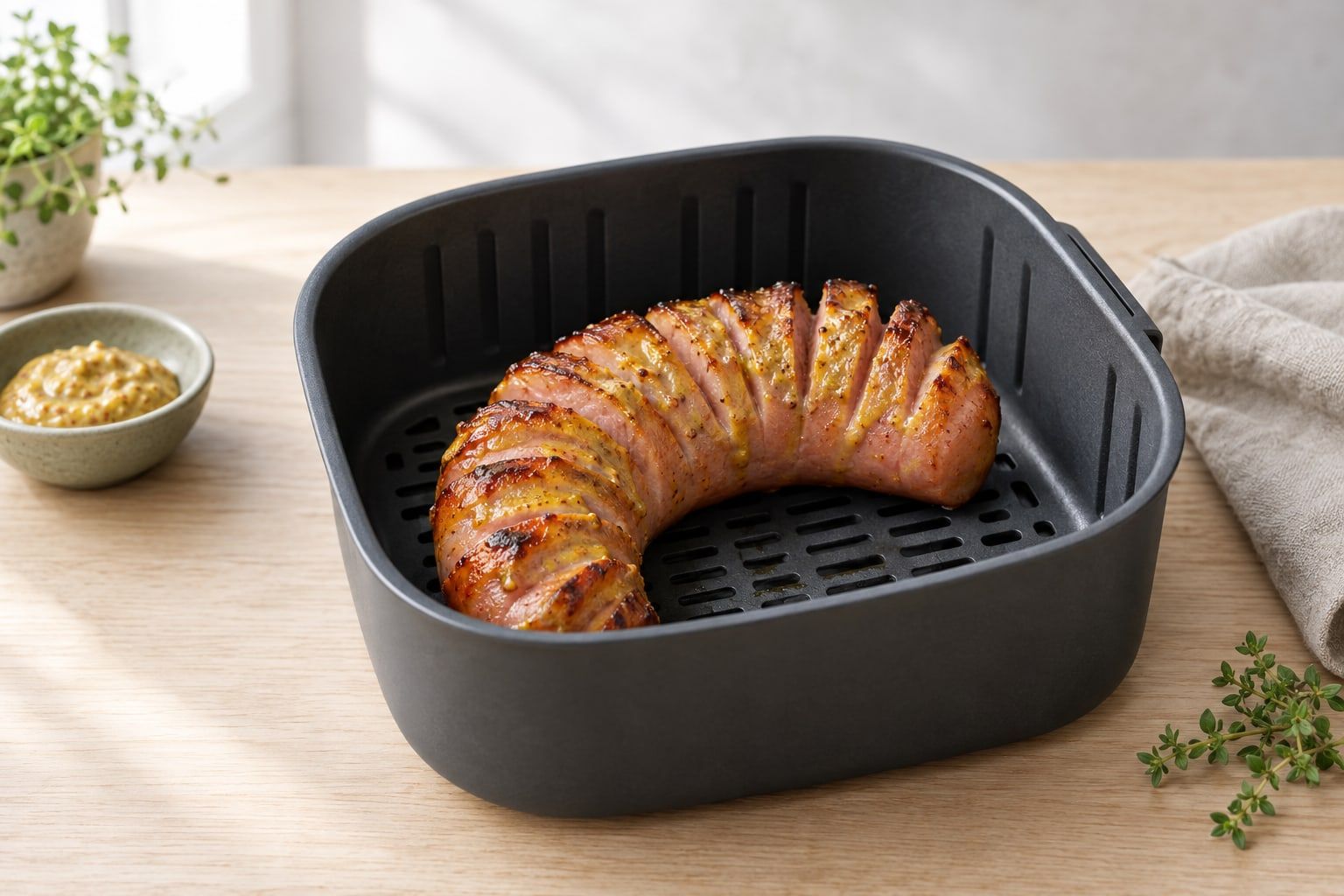 Falukorv i airfryer, skårad hel bit med bruna kanter och senap i airfryerkorgen