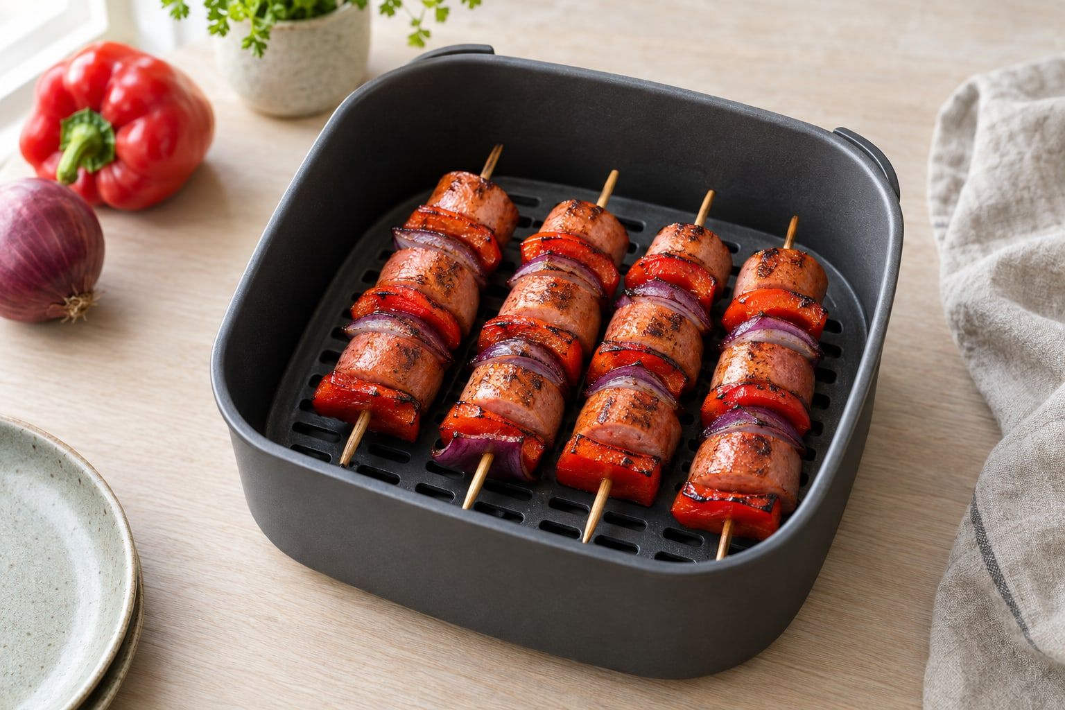 Falukorvskebab i airfryer, fyra spett med korvbitar, paprika och rödlök i airfryerkorgen