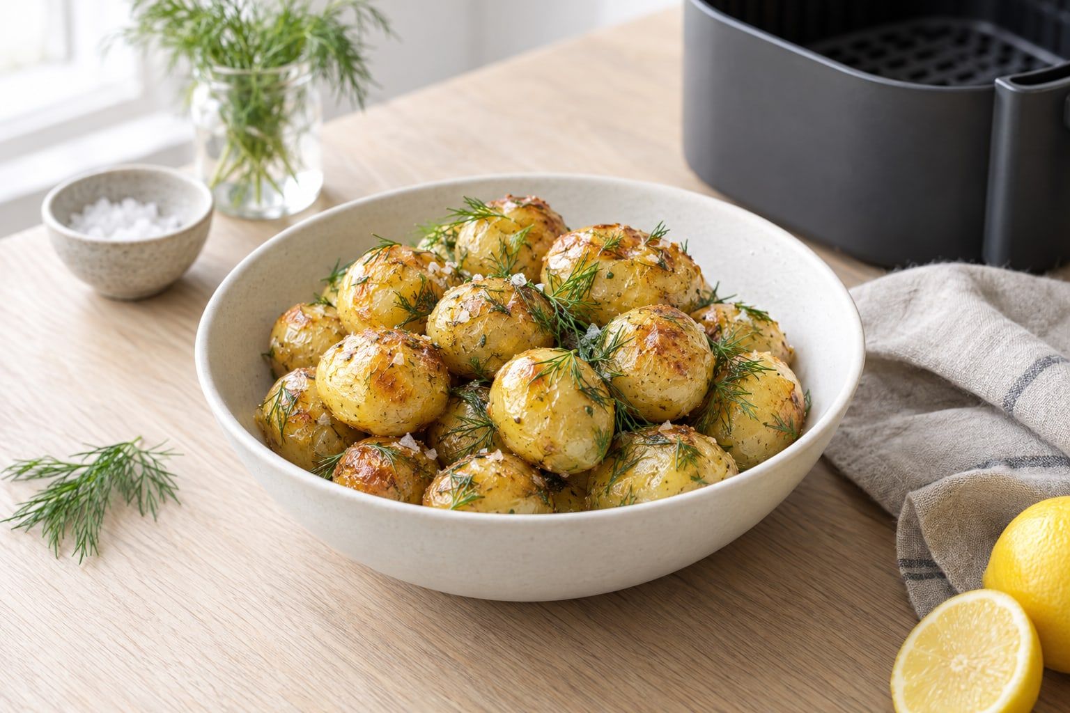 Färskpotatis i airfryer, små nypotatisar med gyllene skal, smör och färsk dill