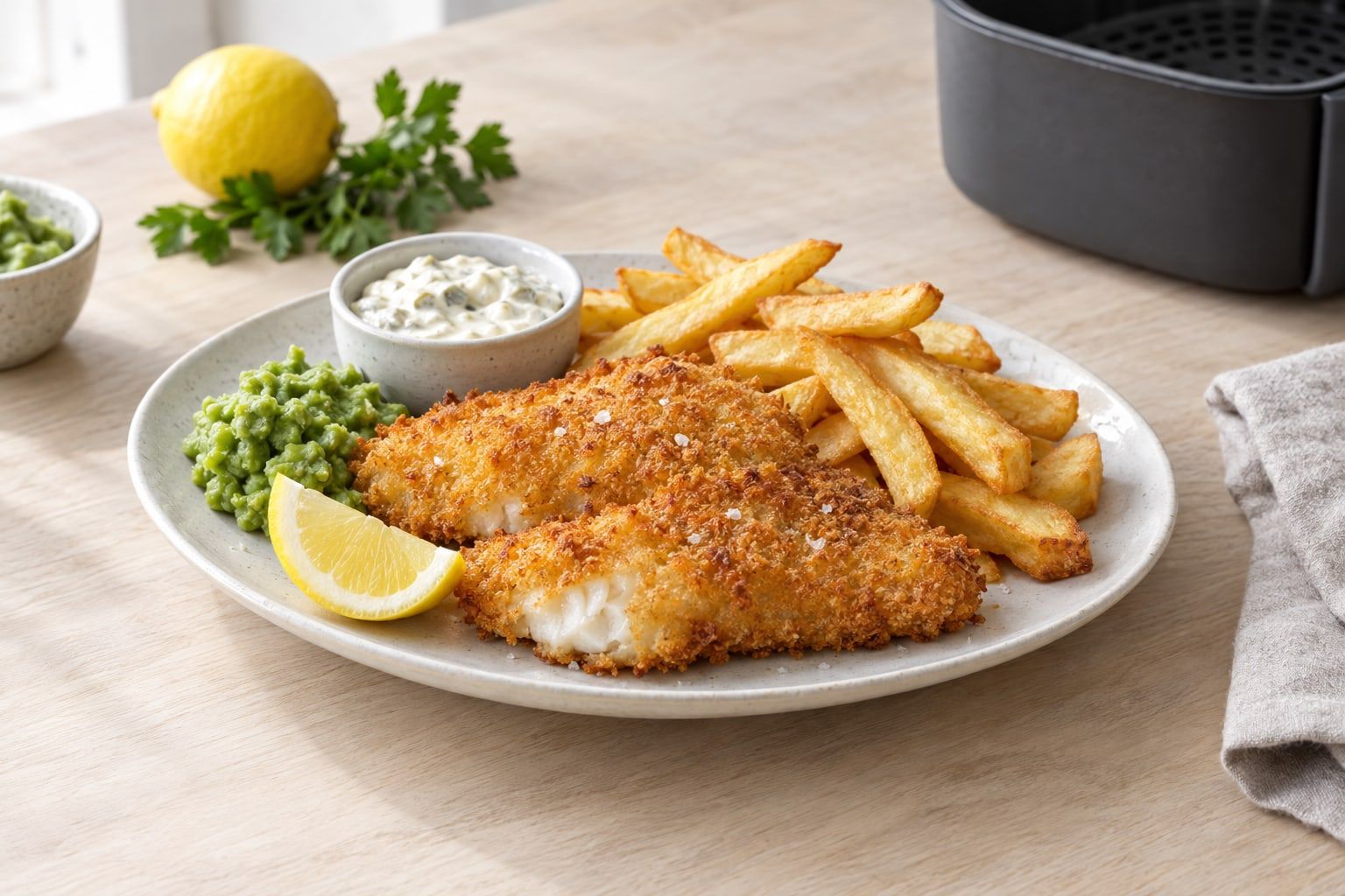 Fish and chips i airfryer, gyllene panerad fisk och tjocka chips på ett fat med tartarsås och citron