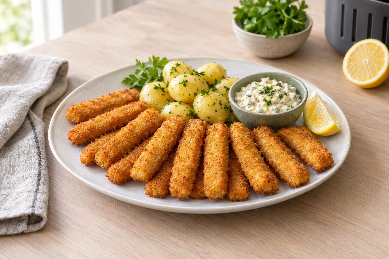 Fiskpinnar i airfryer, gyllene och krispiga på ett fat med kokt potatis, remouladsås och citron