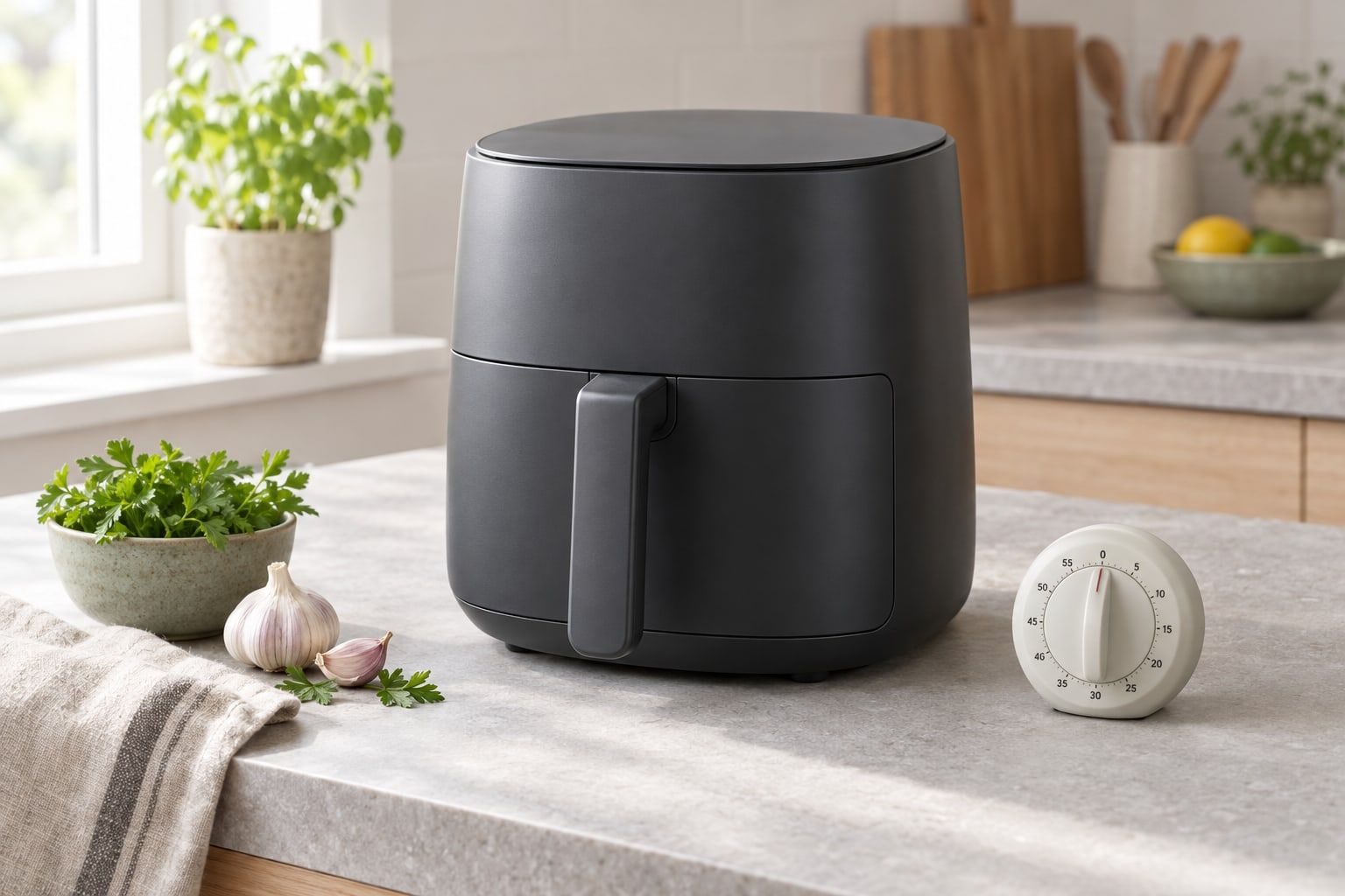 Förvärma airfryer – en tom airfryer med stängd korg på bänken bredvid en äggklocka