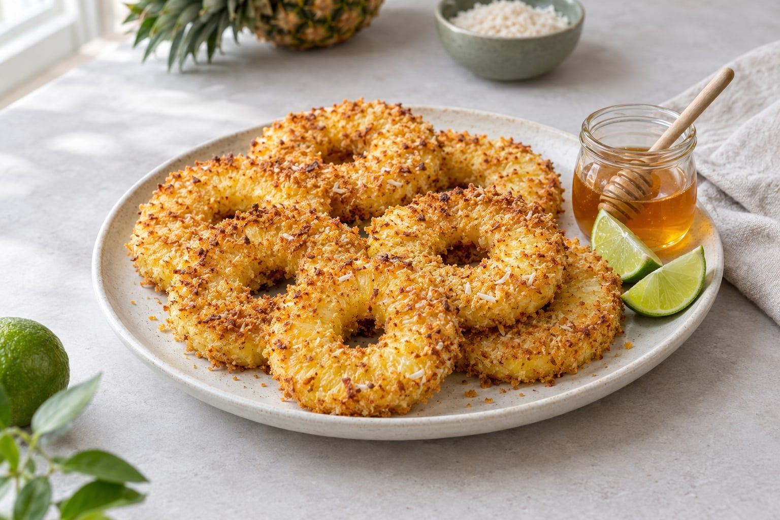 Friterad ananas i airfryer, gyllene kokospanerade ananasringar på ett fat med lime och honung