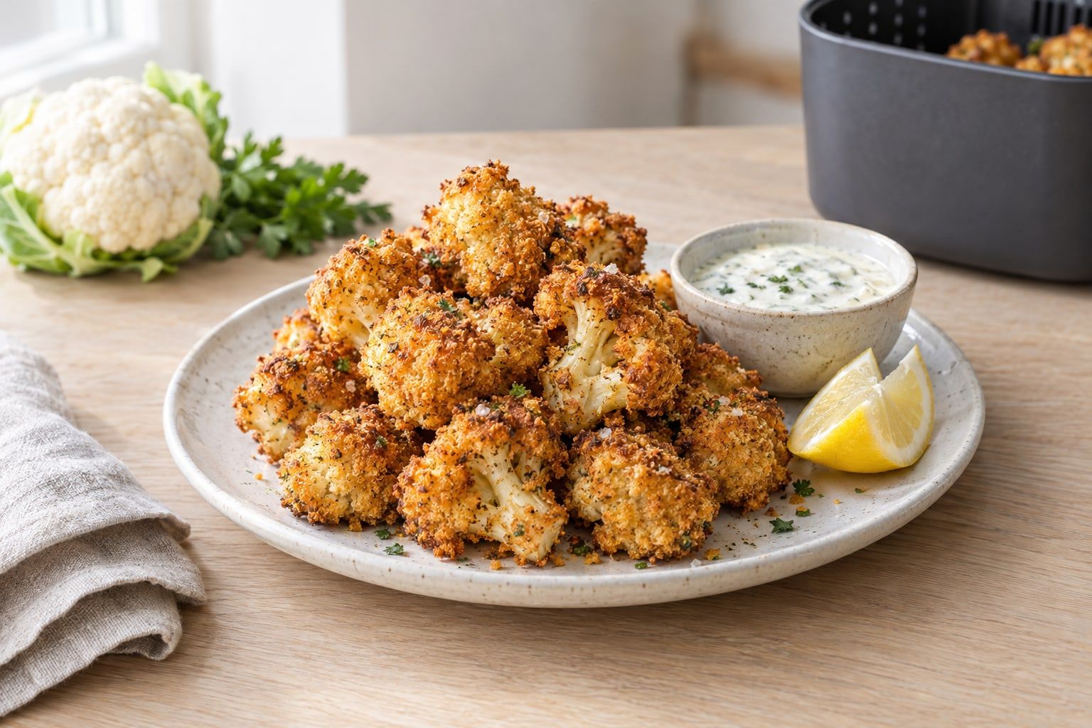 Friterad blomkål i airfryer, gyllenbruna panerade buketter på en vit tallrik med dipp och citron