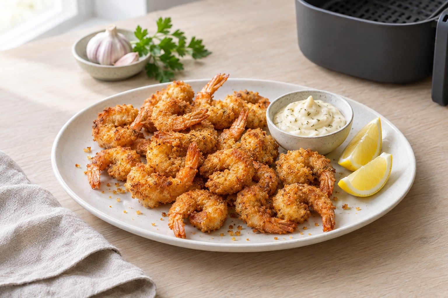 Friterade räkor i airfryer, gyllene pankopanerade räkor med svans på ett fat med citron och vitlöksmajonnäs