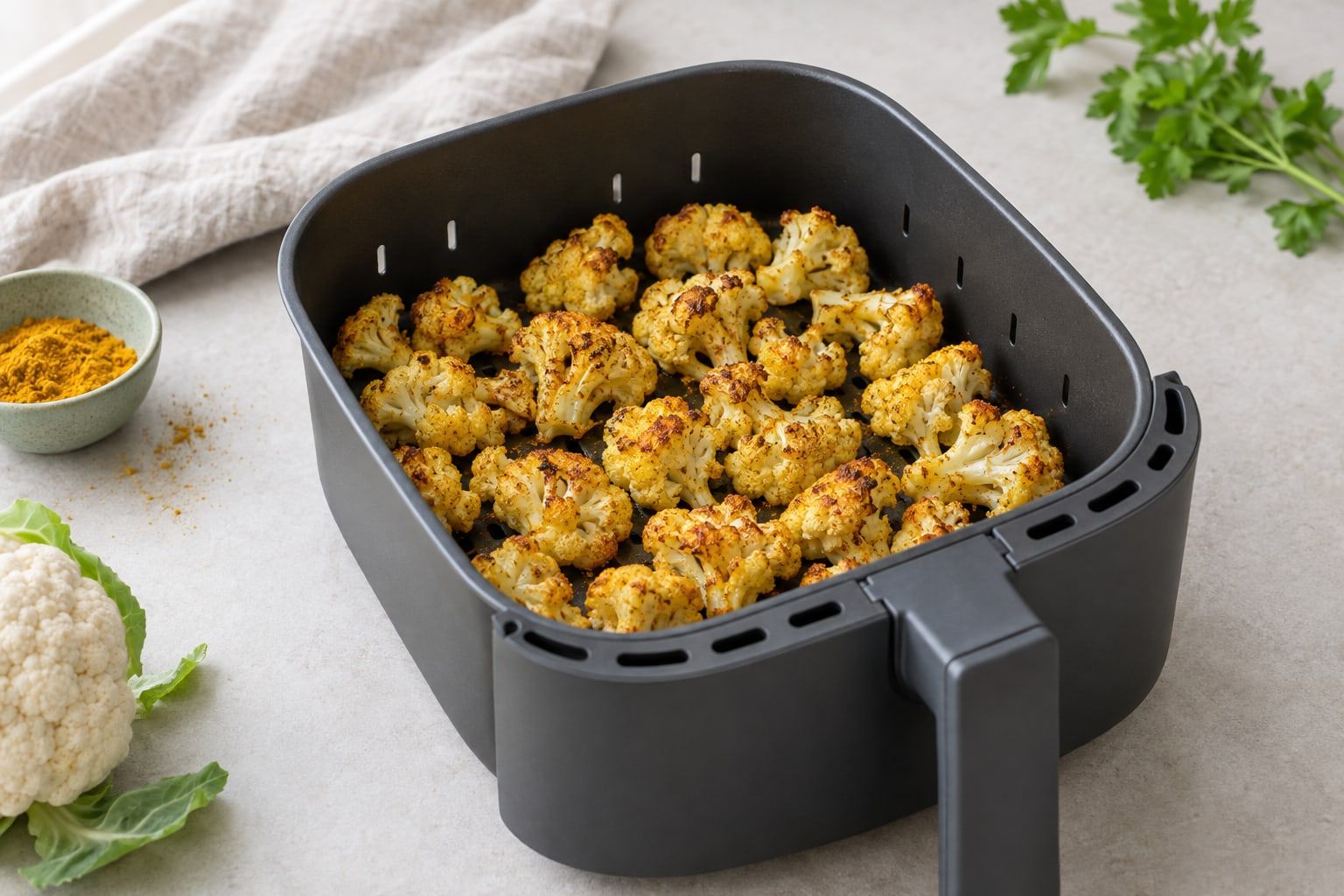 Fryst blomkål i airfryer, rostade buketter med gyllene fläckar i en mörkgrå korg