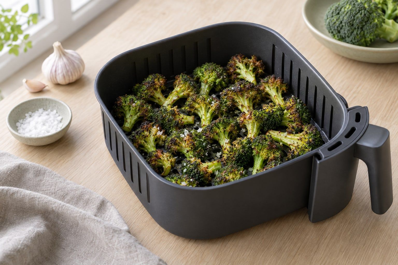 Fryst broccoli i airfryer, rostade rosor med bruna kanter i en mörkgrå korg
