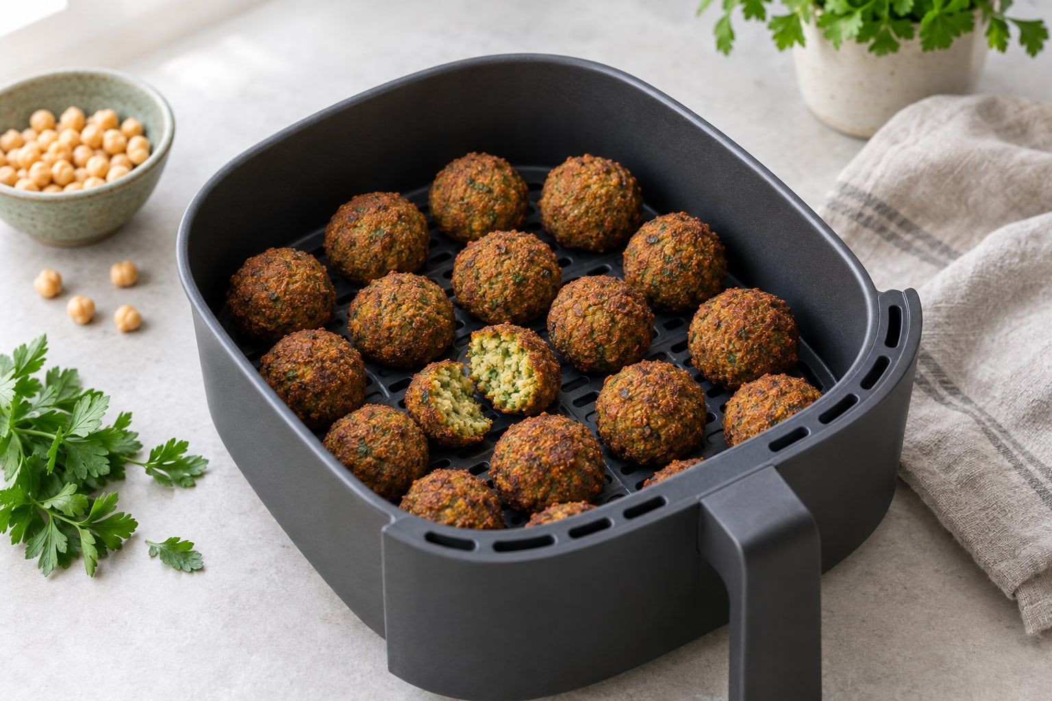 Fryst falafel i airfryer, mörkbruna knapriga bollar i en grå airfryerkorg, en boll genomskuren