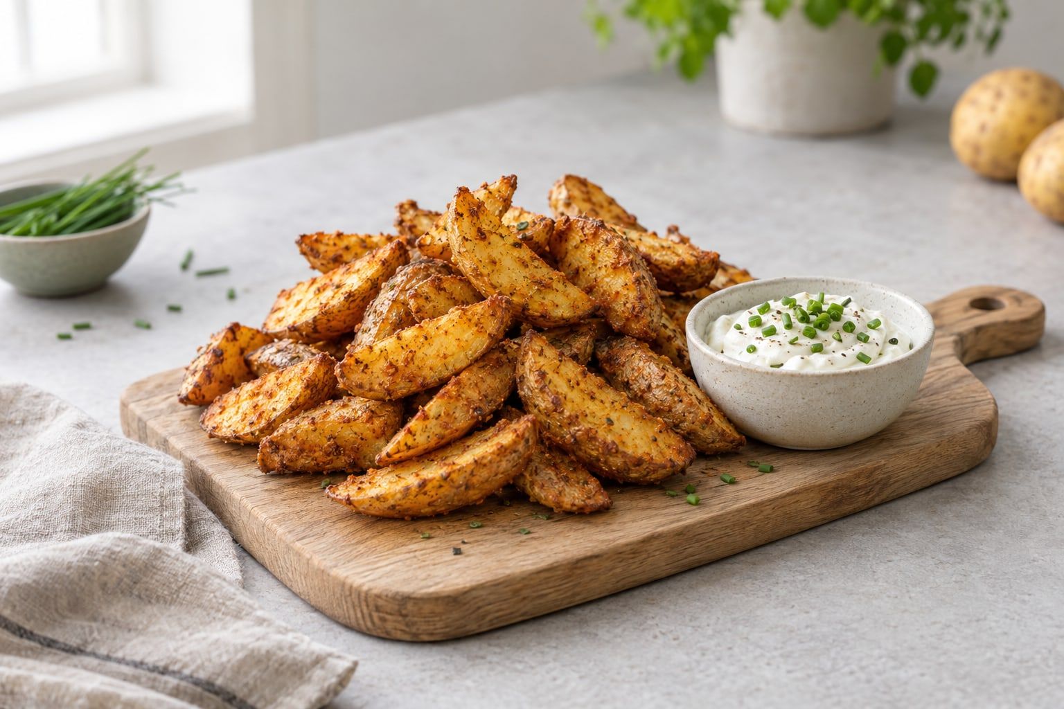 Fryst klyftpotatis i airfryer, gyllene klyftor med skal på ett träbräde med dipp och gräslök