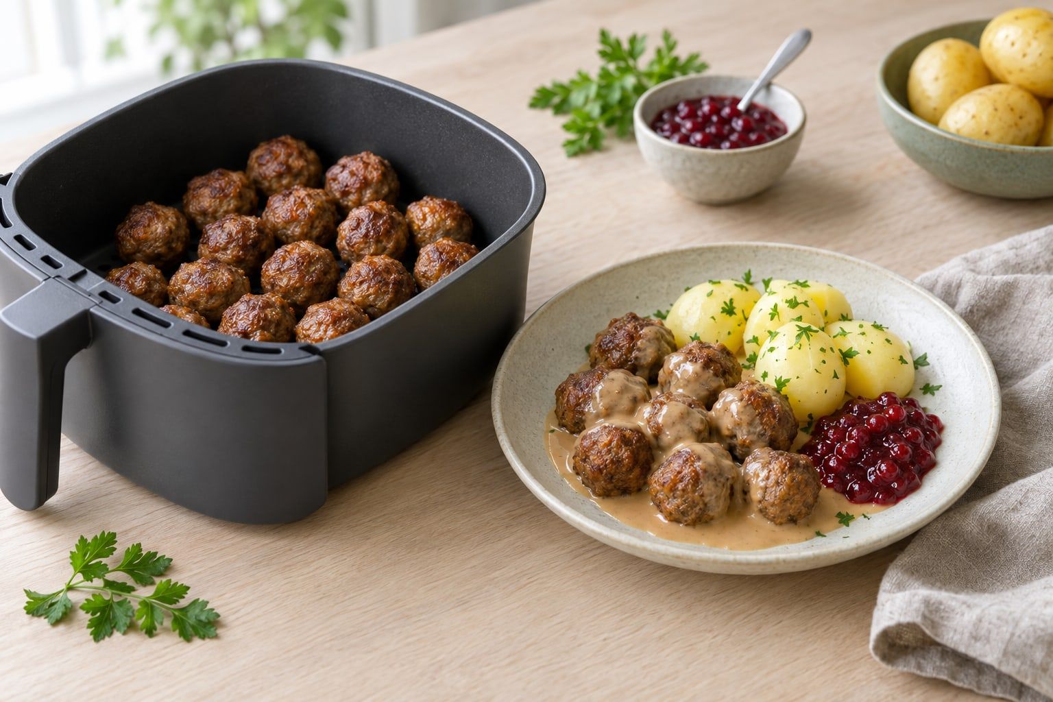 Frysta köttbullar i airfryer, varma och lätt bruna i en korg efter tillagning