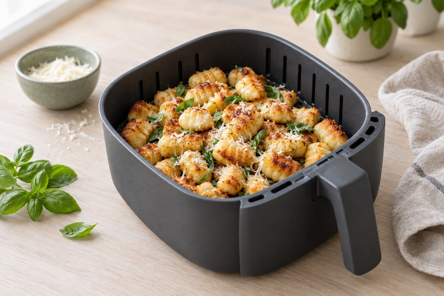 Gnocchi i airfryer, gyllene och krispiga gnocchi med parmesan och basilika i en mörkgrå korg