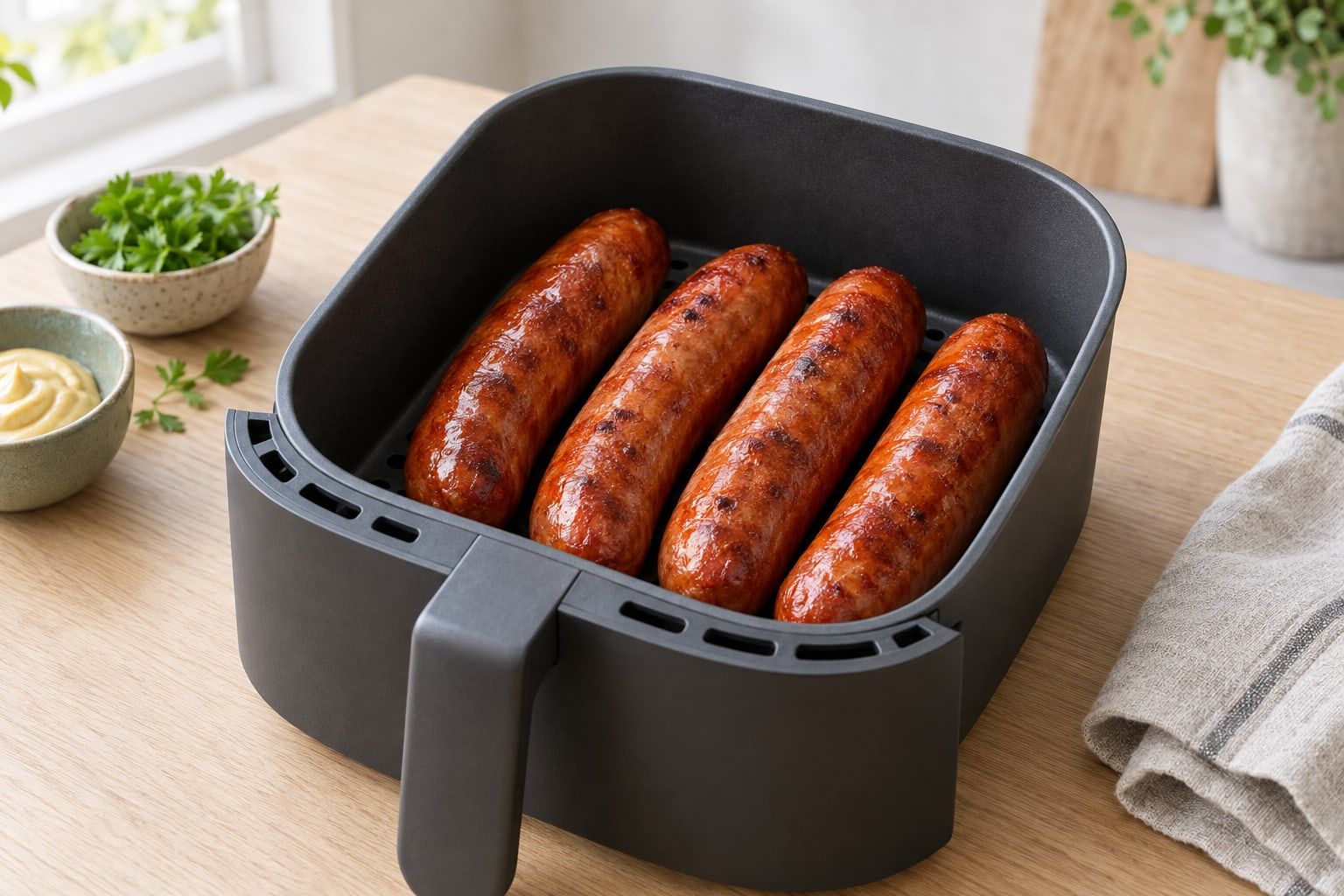 Grillkorv i airfryer, fyra tjocka röda korvar med brunt skinn i airfryerkorgen