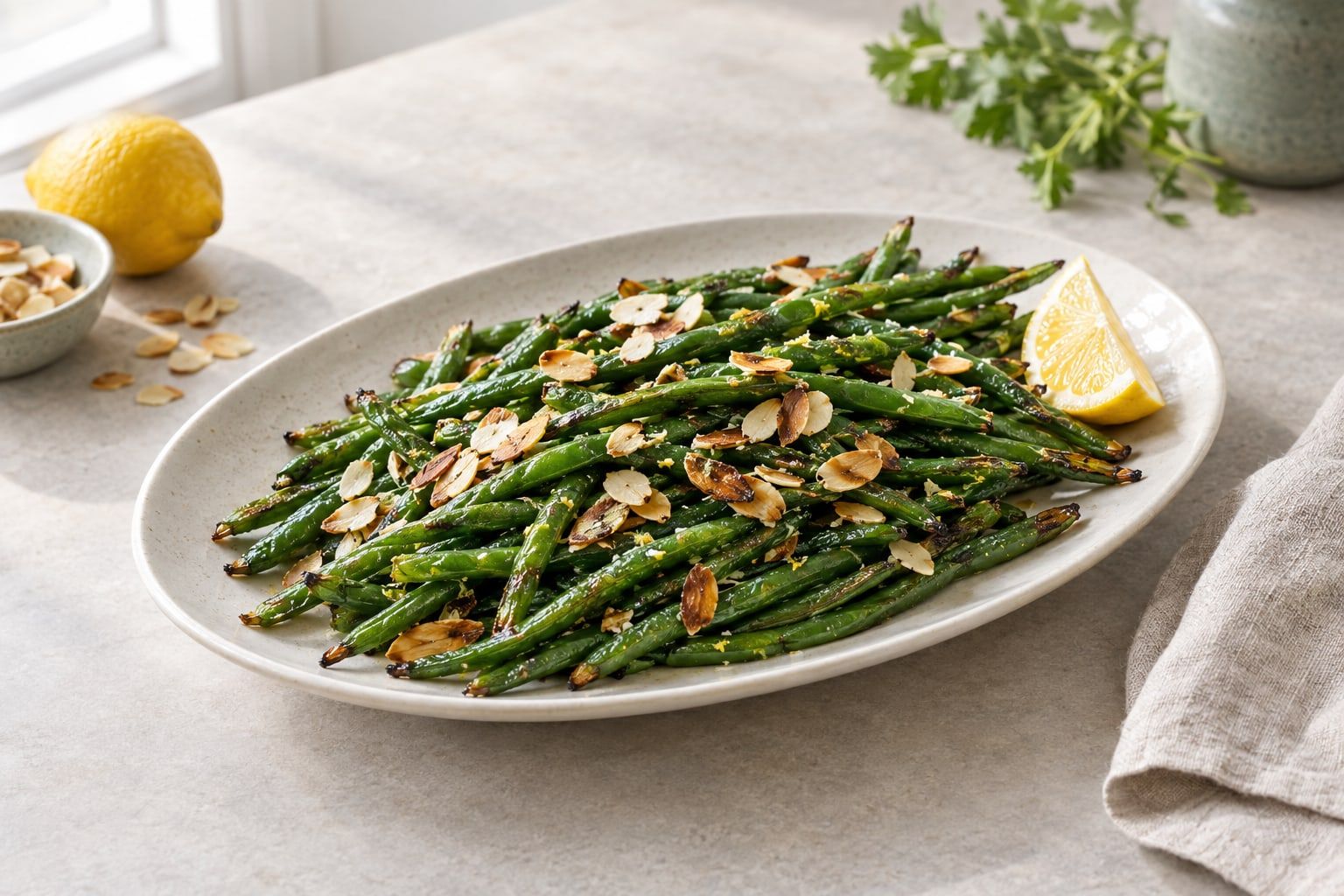 Haricots verts i airfryer, smala gröna bönor med rostade fläckar, mandelflarn och citronklyfta