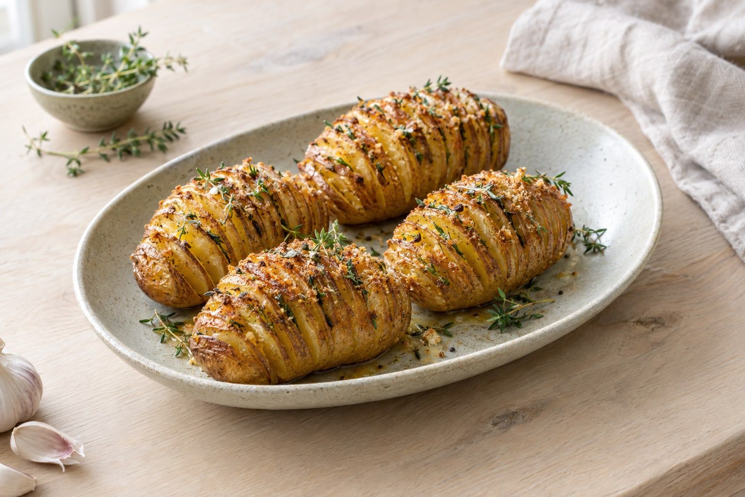 Hasselbackspotatis i airfryer, gyllene potatisar med solfjäderformade skivor, ströbröd och timjan på ett ovalt fat