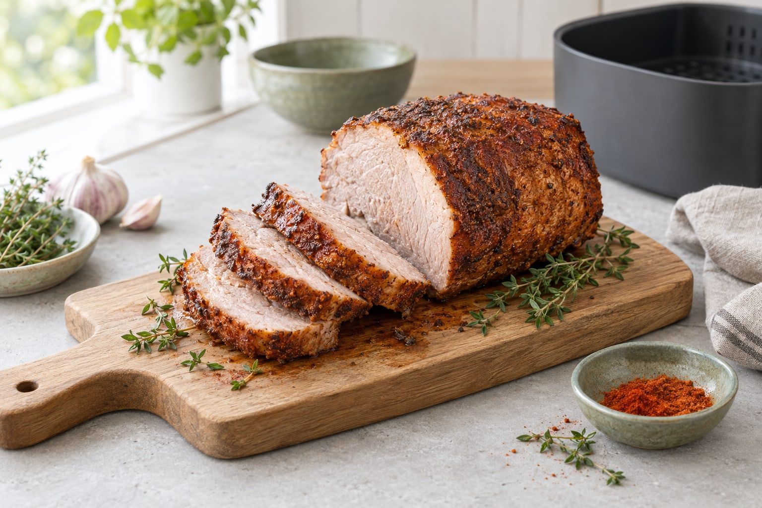 Hel fläskkarré i airfryer, stekt med brun krispig yta och skivor på en skärbräda