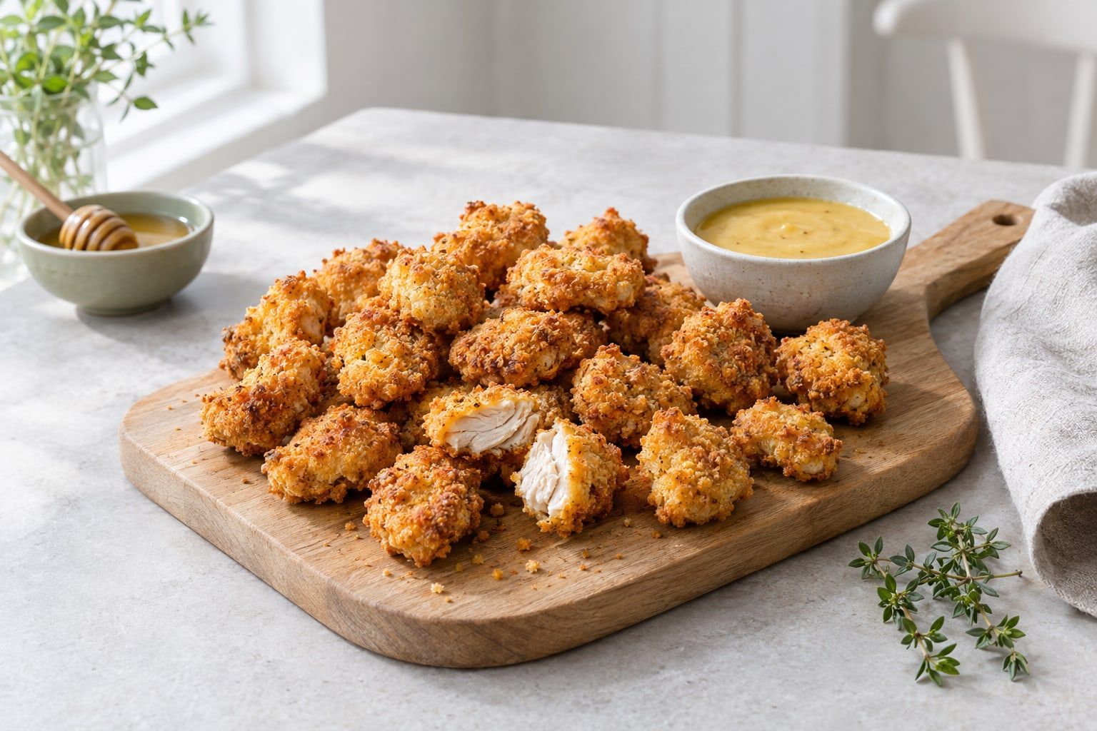 Hemmagjorda chicken nuggets i airfryer, gyllenbruna bitar på en träbräda, en nugget delad så att saftig kyckling syns