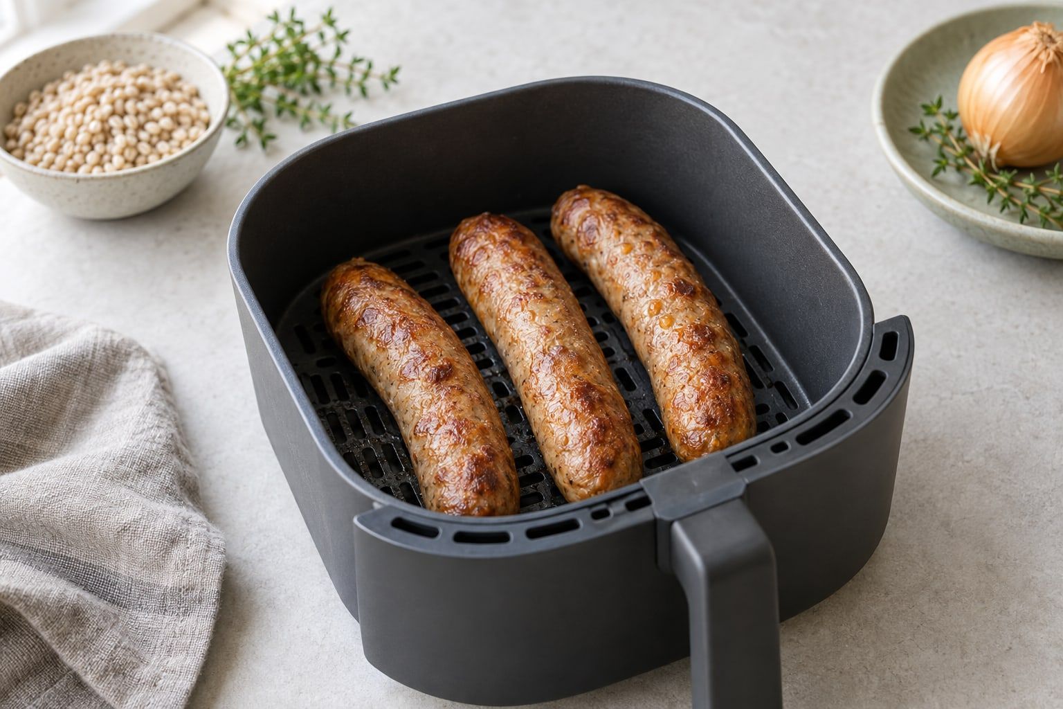 Isterband i airfryer, tre bitar med gyllenbrun yta i airfryerkorgen