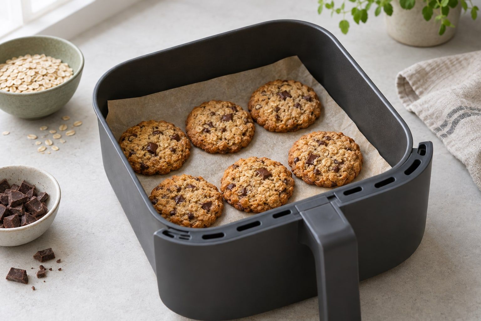 Kakor i airfryer, sex gyllene havrekakor med chokladbitar på bakplåtspapper i airfryerkorgen