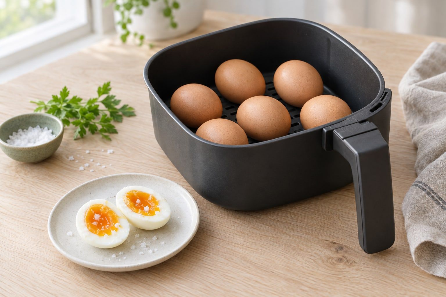 Koka ägg i airfryer, hela ägg i korgen och ett halverat ägg med mjuk gula