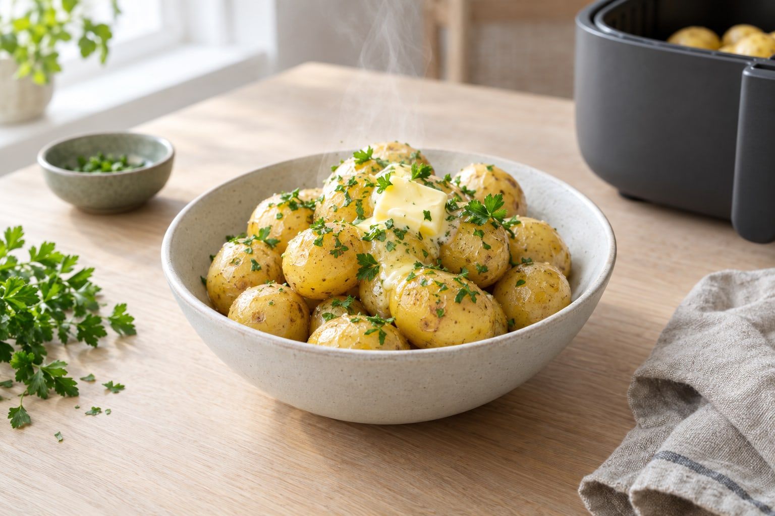 Koka potatis i airfryer, små mjuka potatisar med smör och persilja i en skål