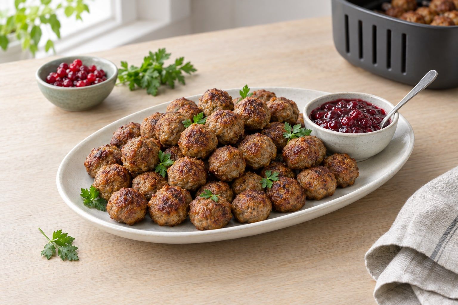 Köttbullar i airfryer, hemgjorda och jämnt bruna på ett vitt fat med lingonsylt