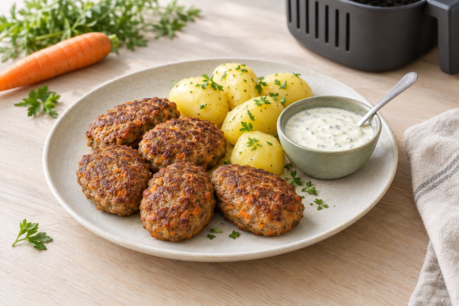 Köttfärsbiffar i airfryer, ovala biffar med jämn brun yta på ett fat med kokt potatis