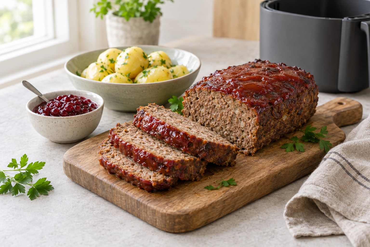 Köttfärslimpa i airfryer, skivad limpa med blank glaze på en skärbräda med kokt potatis och lingon