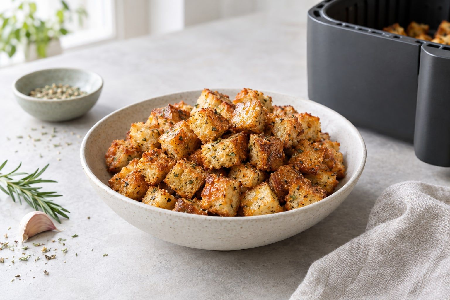 Krutonger i airfryer, gyllene brödtärningar med örter i en vit skål