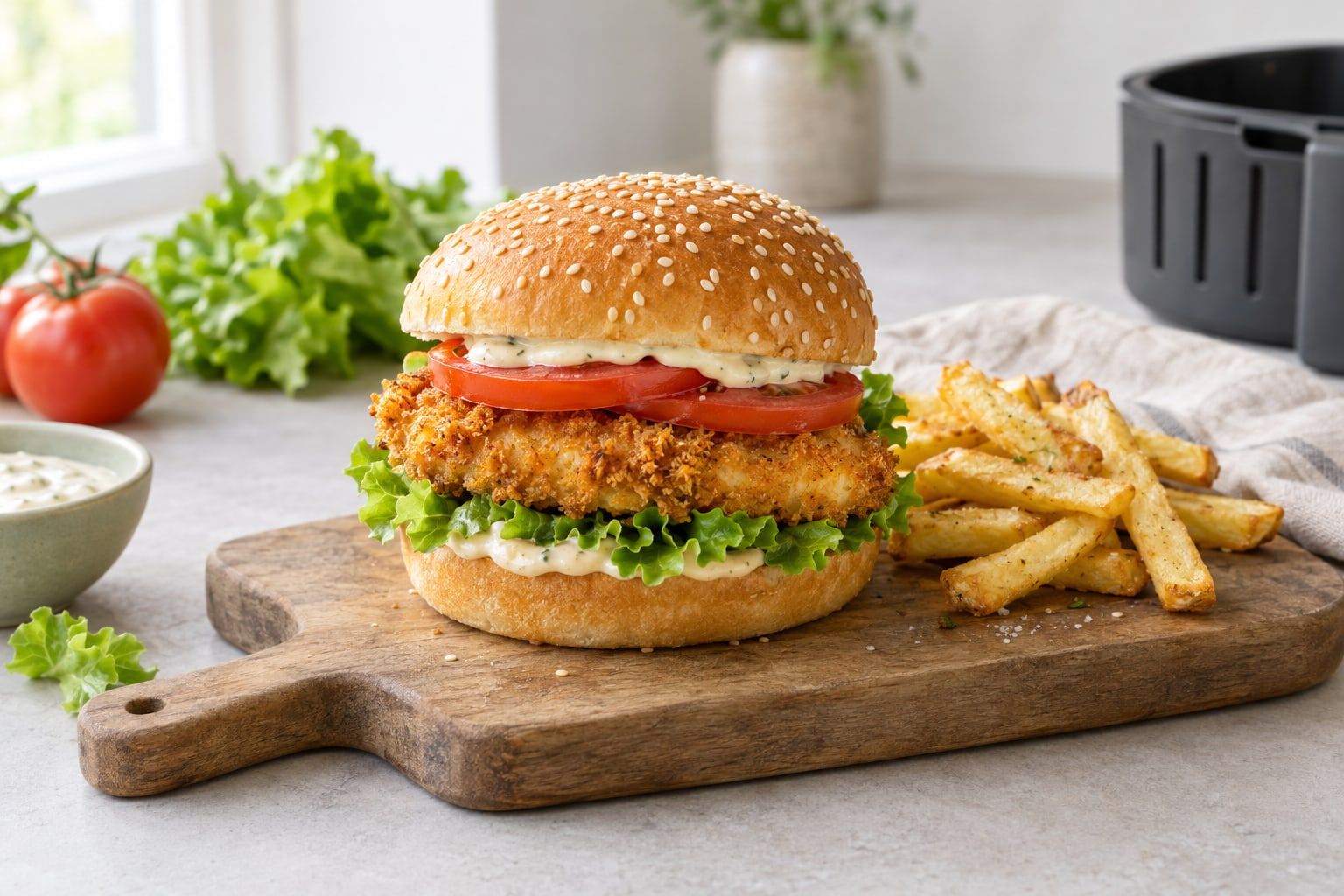 Kycklingburgare i airfryer, krispig panerad burgare i hamburgerbröd med sallad och tomat