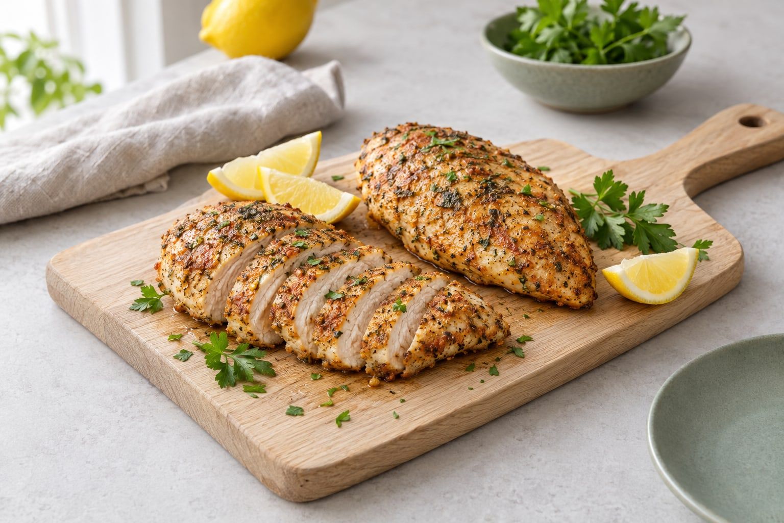 Kycklingfilé i airfryer, skivad på en skärbräda med gyllene yta