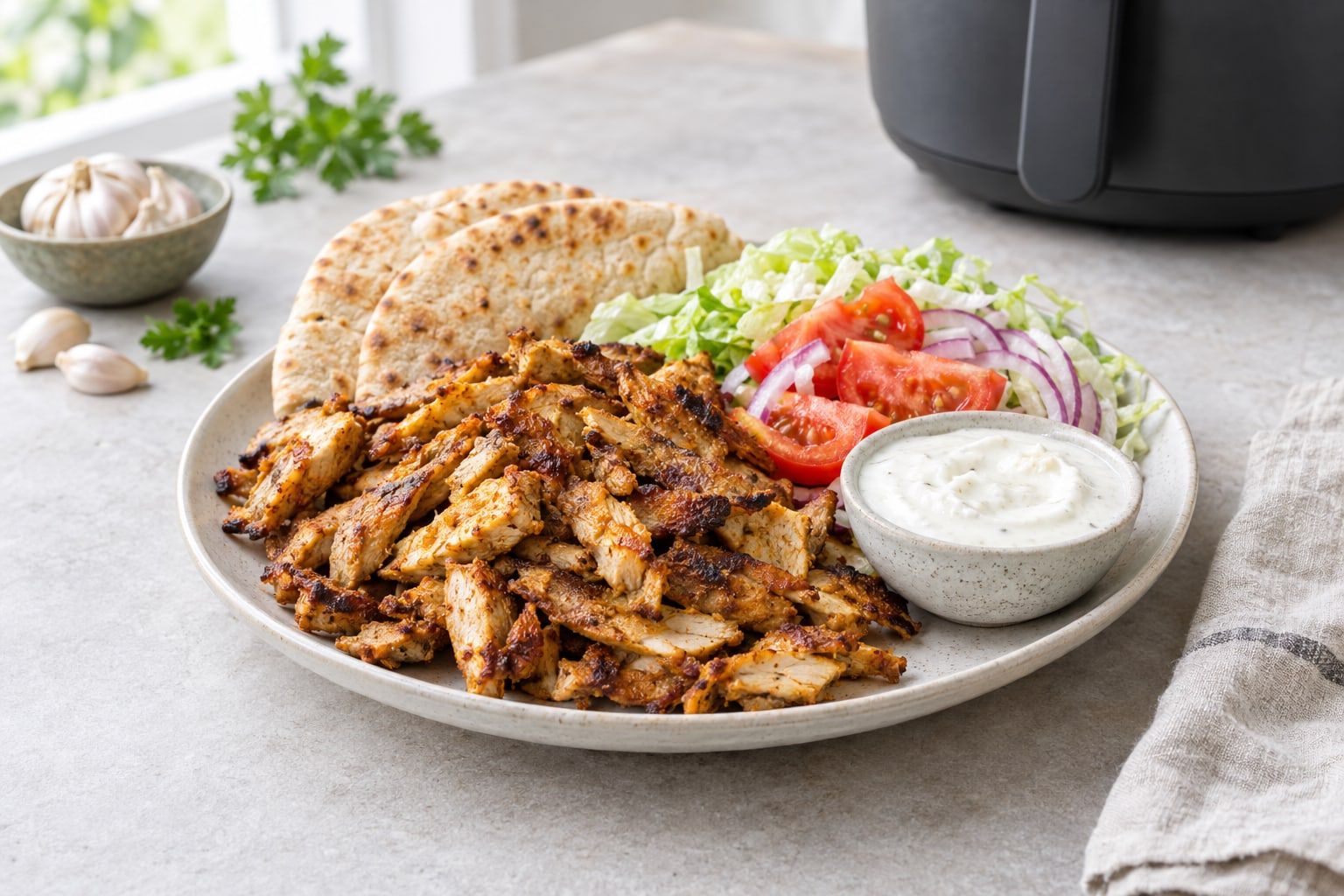Kycklingkebab i airfryer, grovt hackad och gyllene med mörka kanter, serverad med pitabröd och sallad