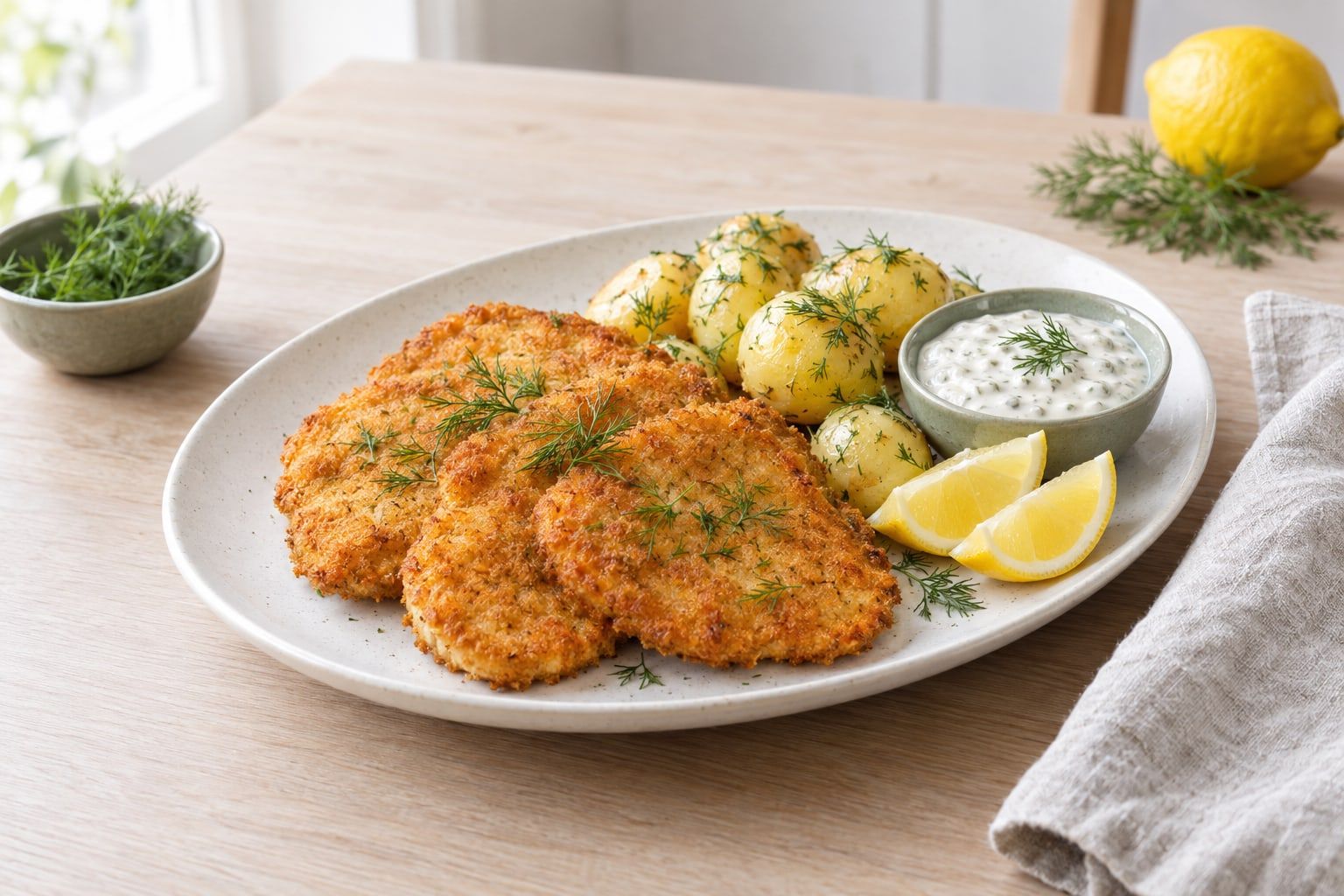 Kycklingschnitzel i airfryer, gyllene och knapriga på ett fat med kokt potatis och citron