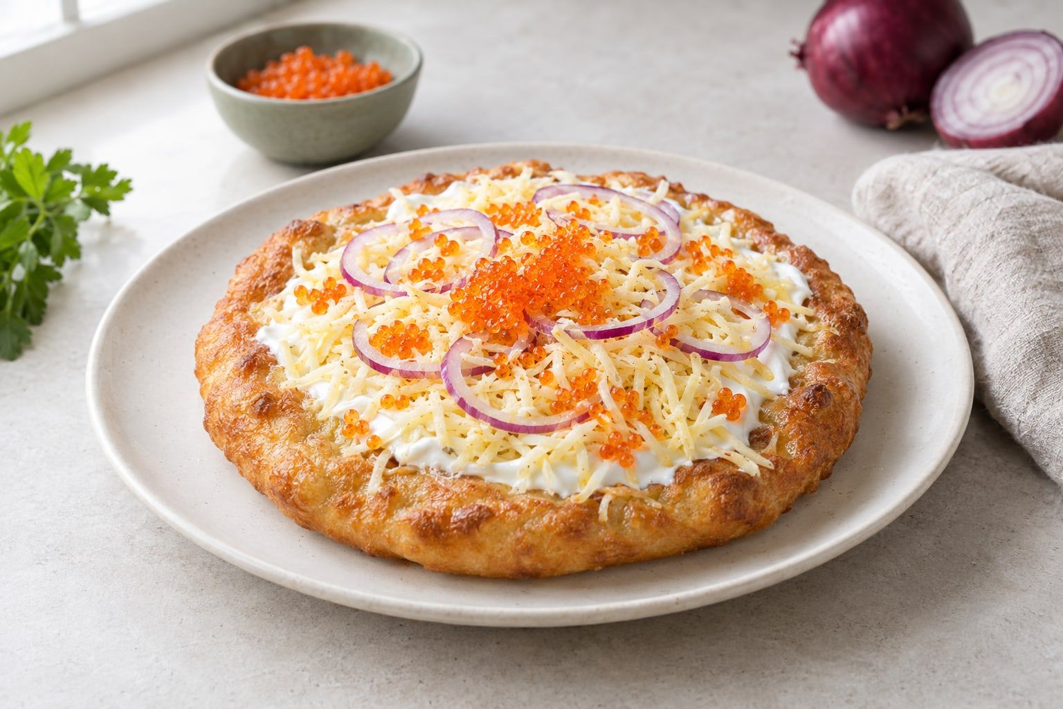 Langos i airfryer, gyllene ungersk langos med gräddfil, riven ost, rödlök och löjrom på tallrik