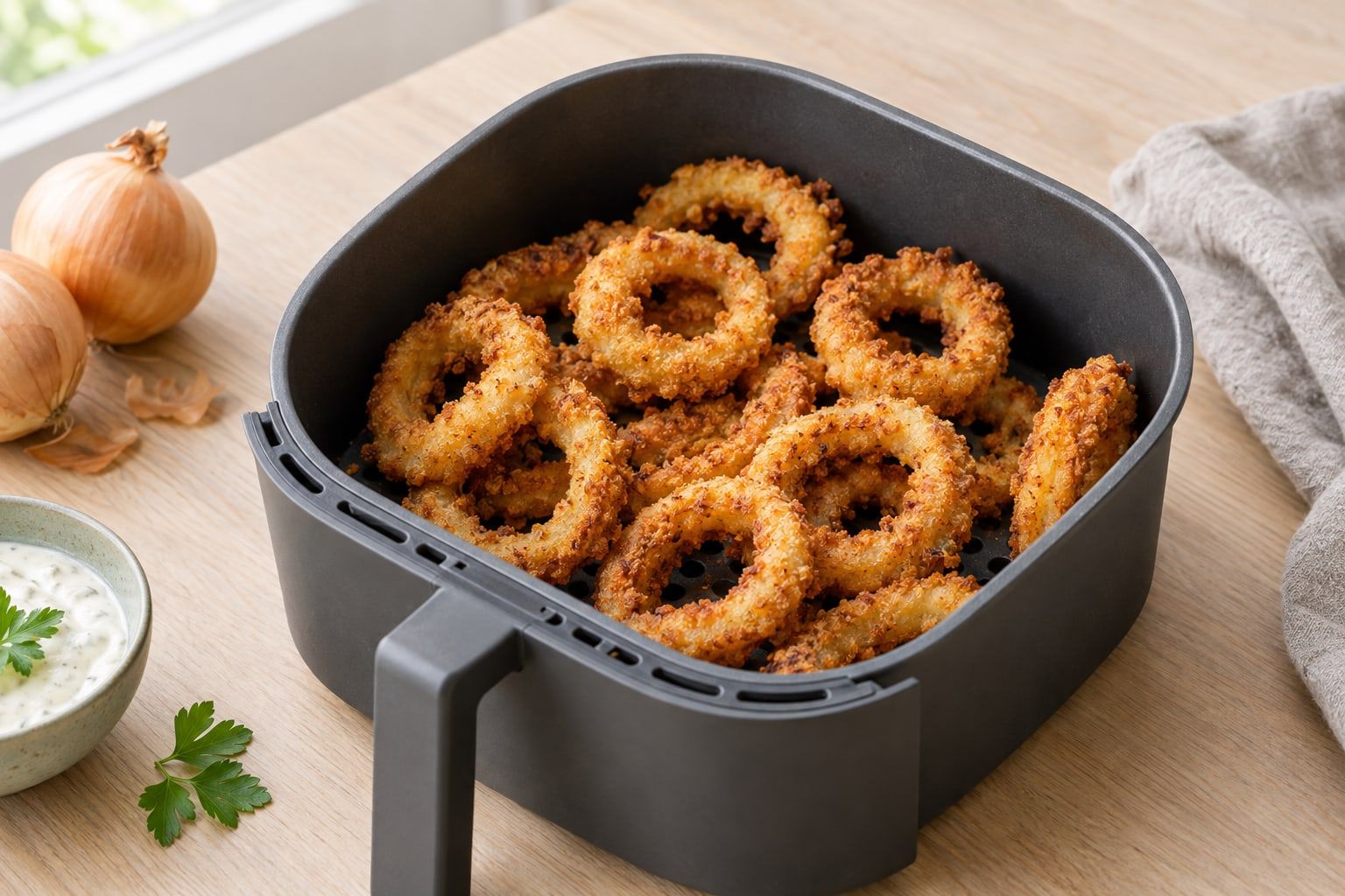Lökringar i airfryer, gyllenbruna panerade ringar löst utspridda i en mörkgrå airfryerkorg