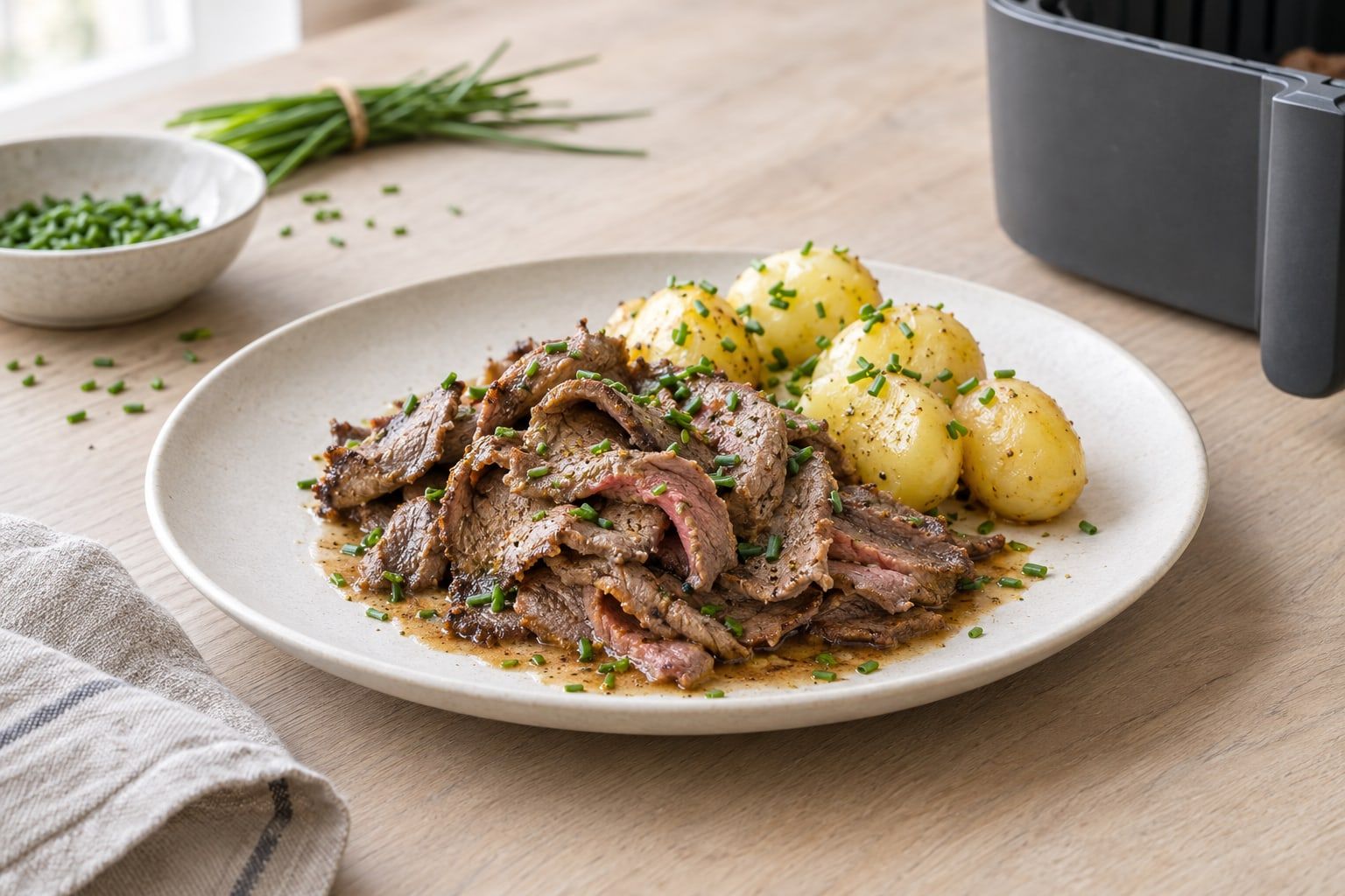 Lövbiff i airfryer, tunna bruna skivor på en tallrik med sås och kokt potatis