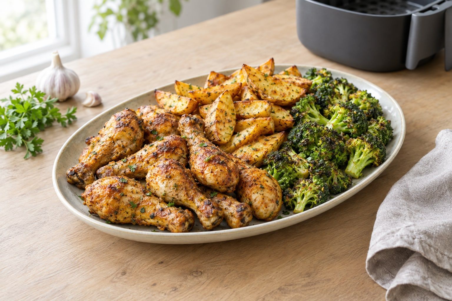 Mat i airfryer, kycklingklubbor, klyftpotatis och broccoli serverade på ett stort fat